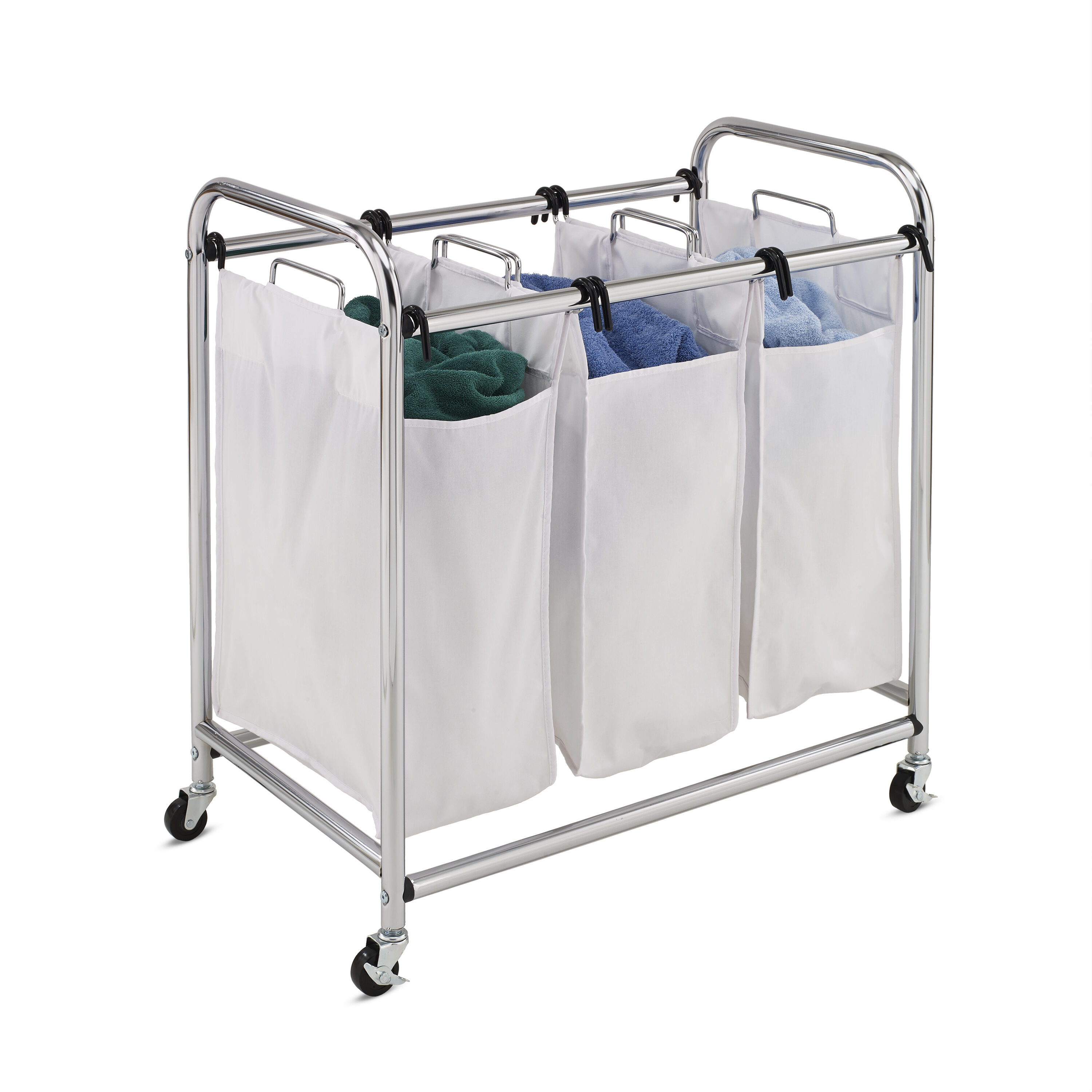 White Triple Laundry Sorter with Chrome Frame and Wheels