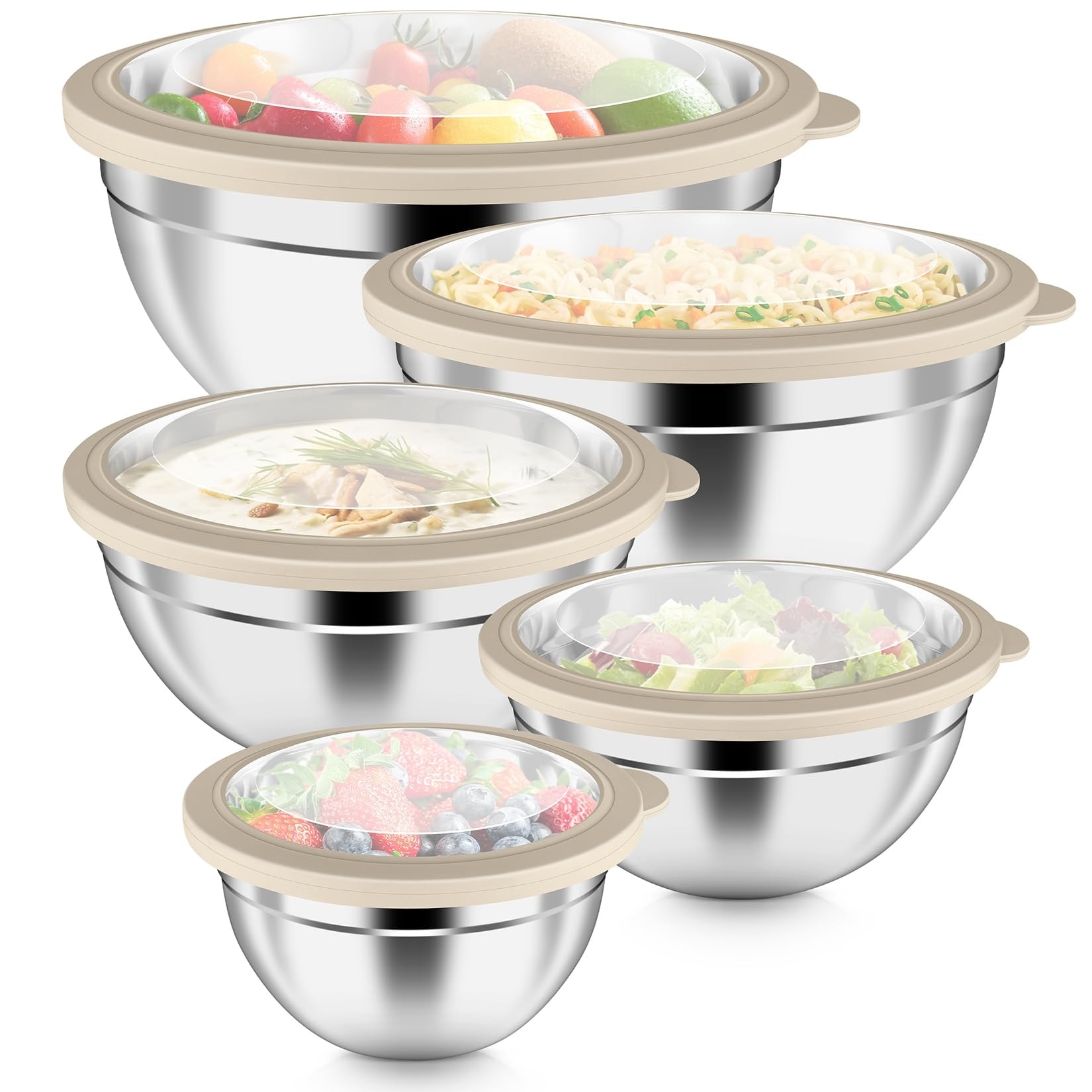 Phewnyzo  Mixing Bowls with Visible Airtight Lids 10 Piece Stainless Steel Nesting Bowl Set for Kitchen Prep Storage Sizes 46 3 15 1 07 Quart