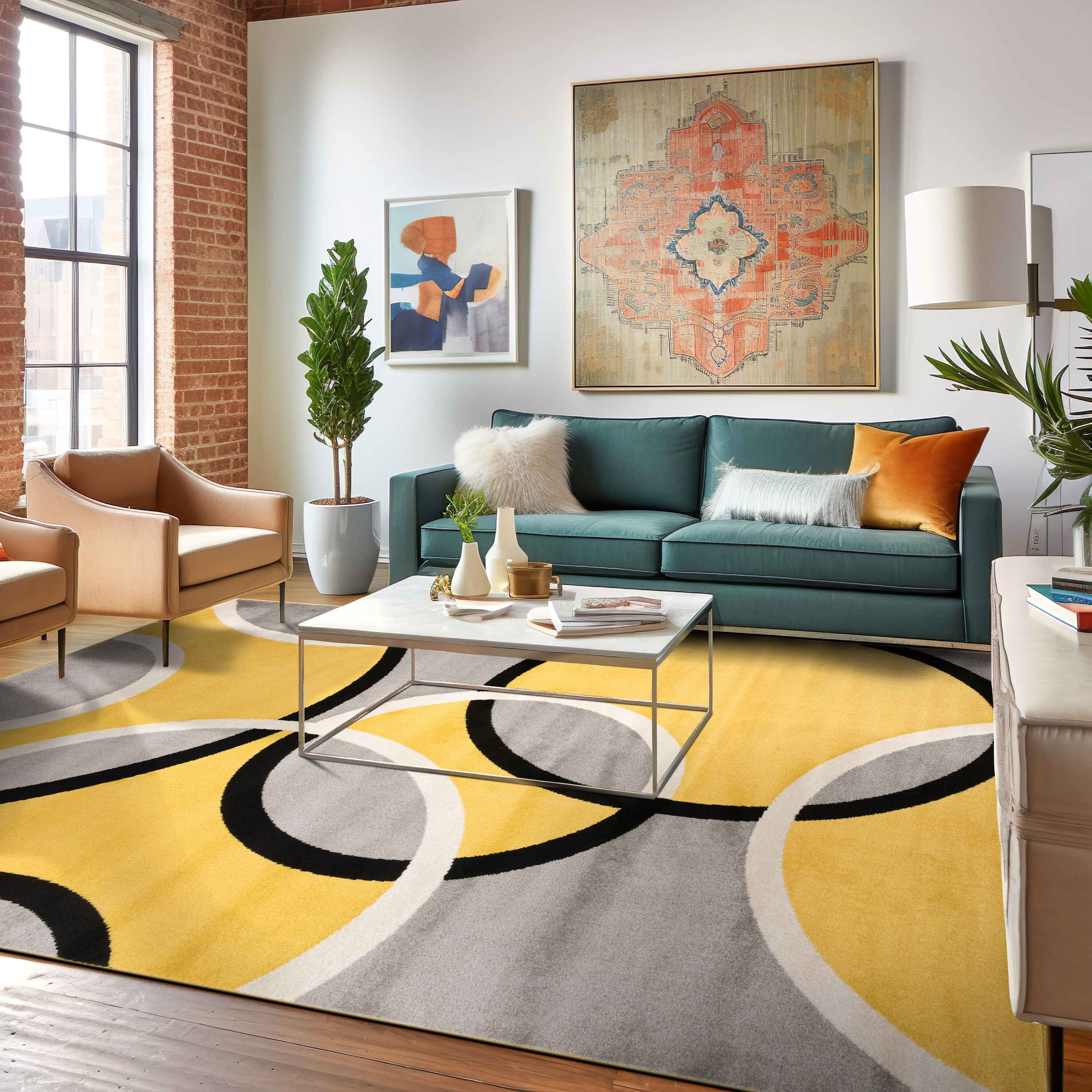 Yellow and Gray Abstract Circles 8' x 10' Synthetic Area Rug