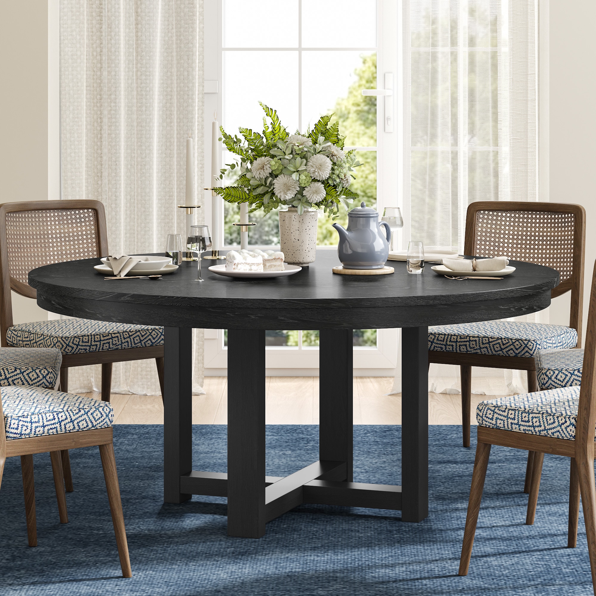 REIBII 52 Inch Solid Wood Round Dining Table with Double Pedestal Large ...