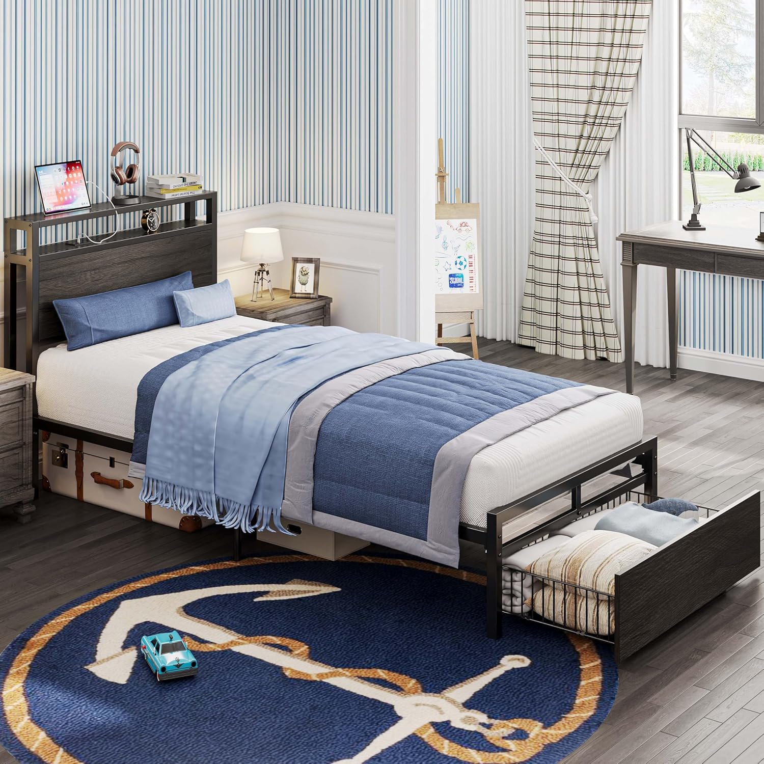 Likimio YEKTEGCU2GIUMPQD 40.7-in W Gray Black Bed Frame with Drawer and Outlets
