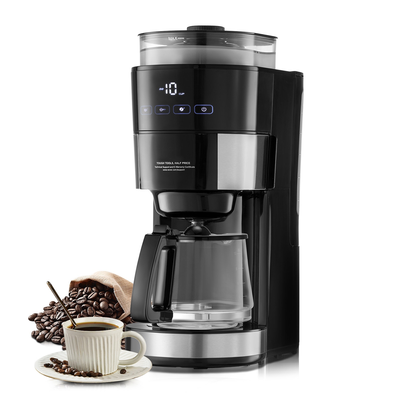 VEVOR ZCKYMCZKFJ10OPLE6V1 Coffee Maker with Grinder 10 -Cup Commercial Drip coffee maker ( Black )