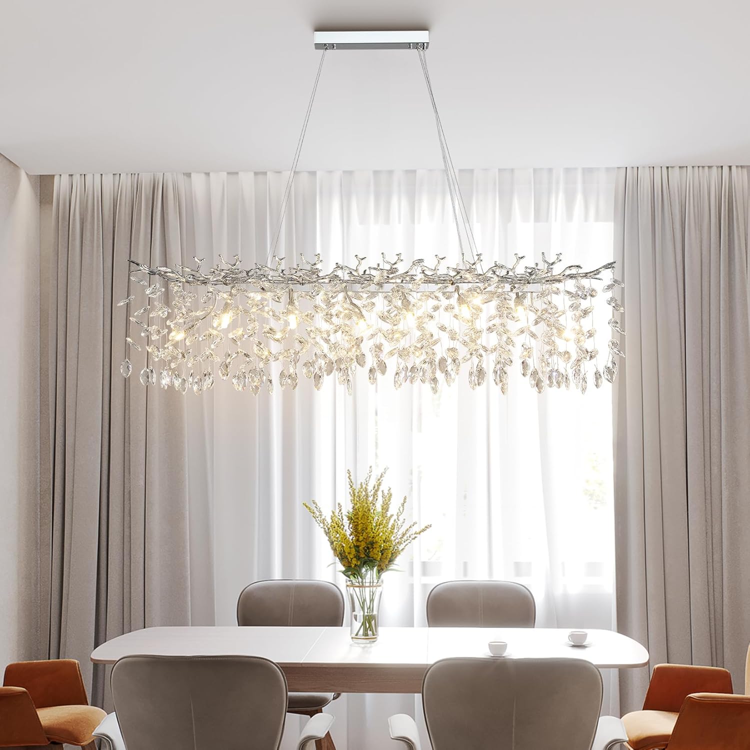 Mektix 47.2 in. Silver 14 Light Tree Branch Crystal Chandelier with Adjustable Cable for Dining Room