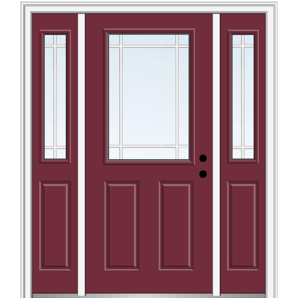 MMI DOOR ZZ05472L 60-in x 80-in x 4-9/16-in Fiberglass Half lite Left-hand inswing Burgundy Painted Prehung Front Door with Sidelights with Brickmould Insulating core with Grilles