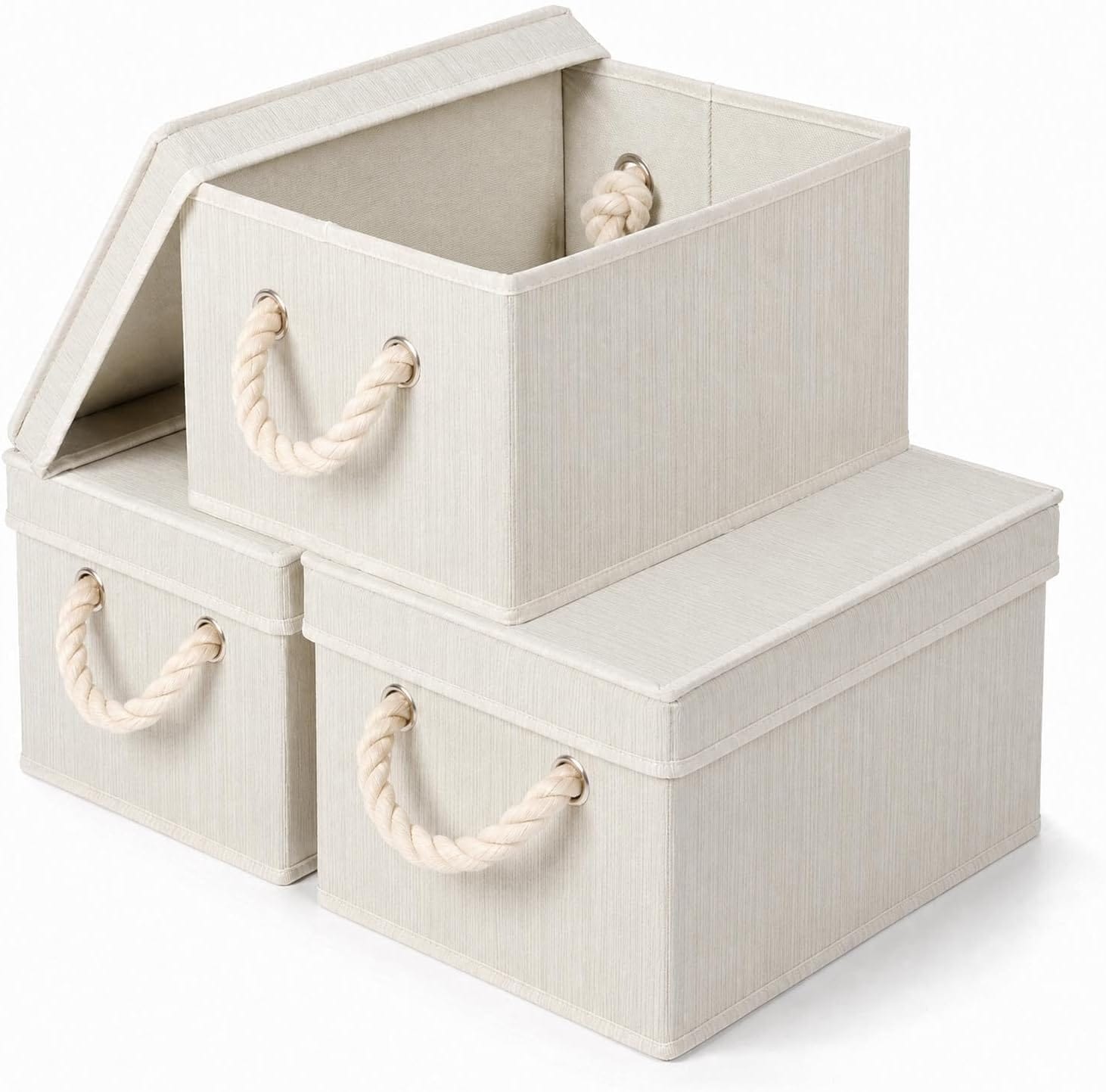 GAOMON 3 Pack Foldable Fabric Storage Boxes with Rope Handle and Lid- Polyester-Cotton Container with Thick Cardboard Reinforcement- 30 x 23 x 17cm- Beige Closet Drawer Organizer