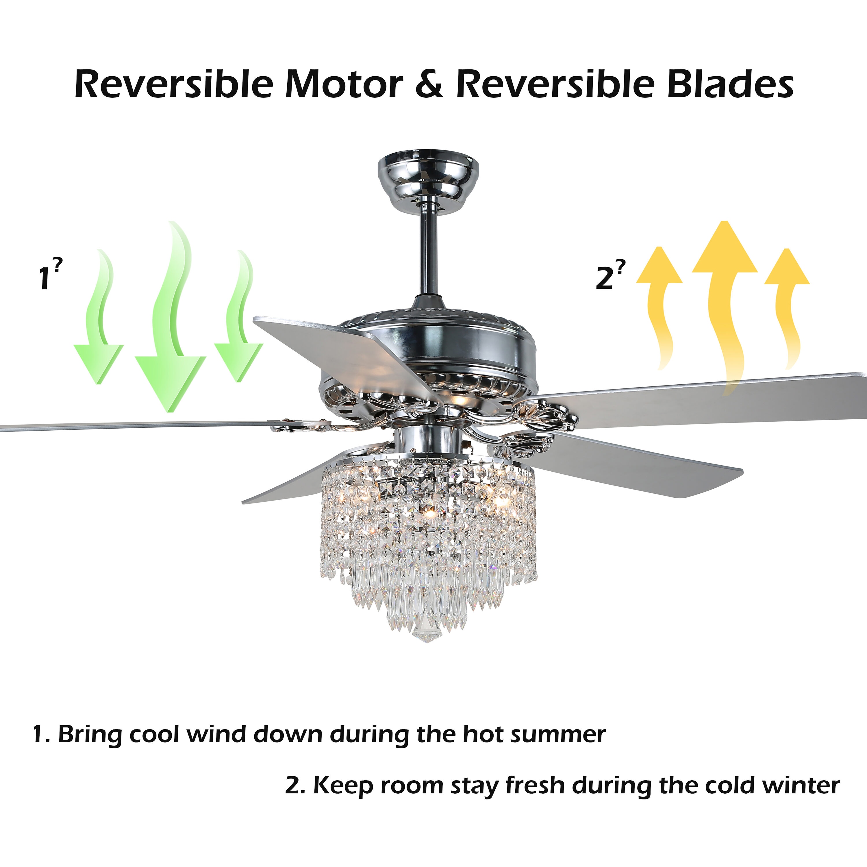 52" Silver Crystal Chandelier Ceiling Fan with Remote and Light Kit