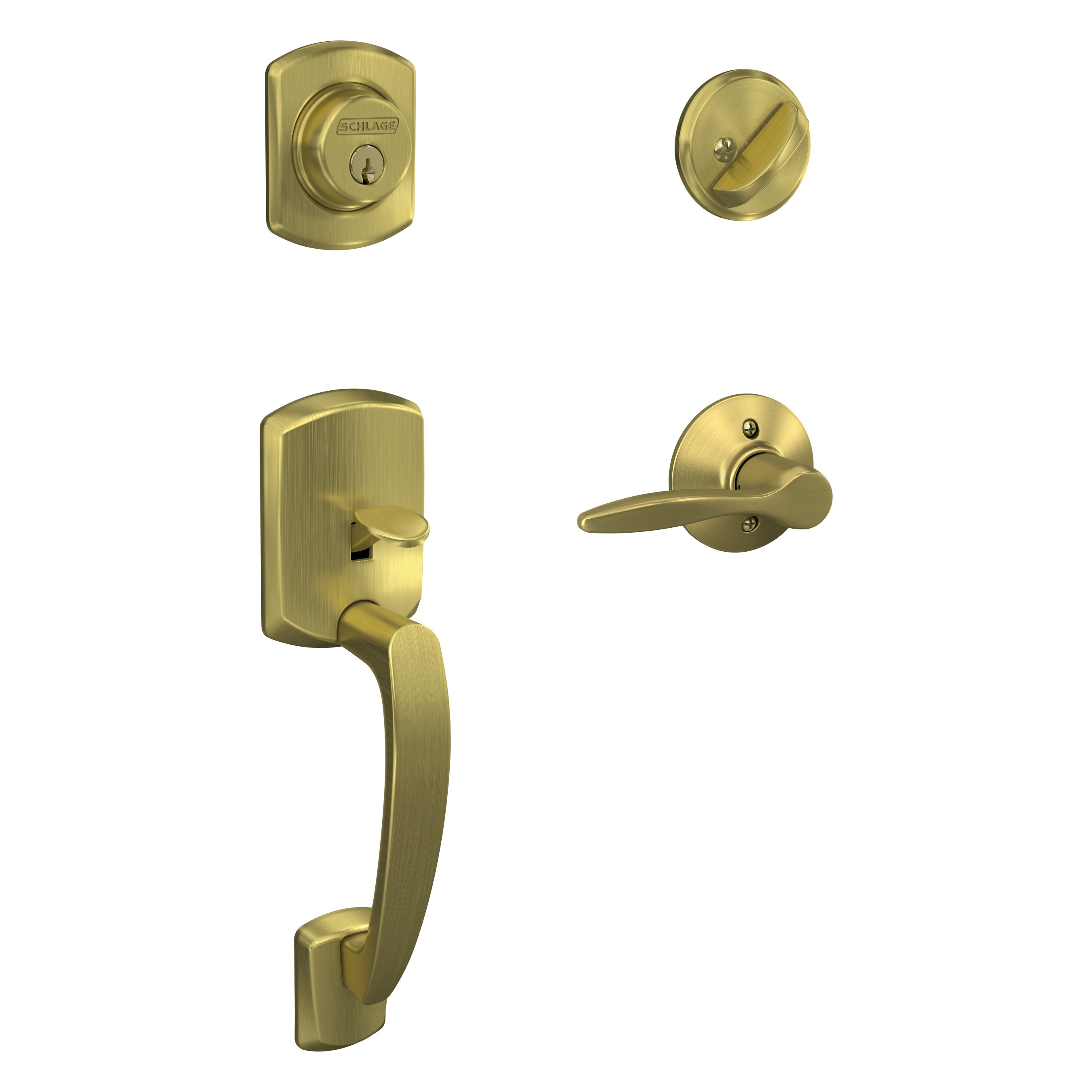 Schlage F60 GRW 608 DEL RH Greenwich-Delfayo Satin Brass Single-Cylinder Deadbolt Entry door handleset with Decorative Lever