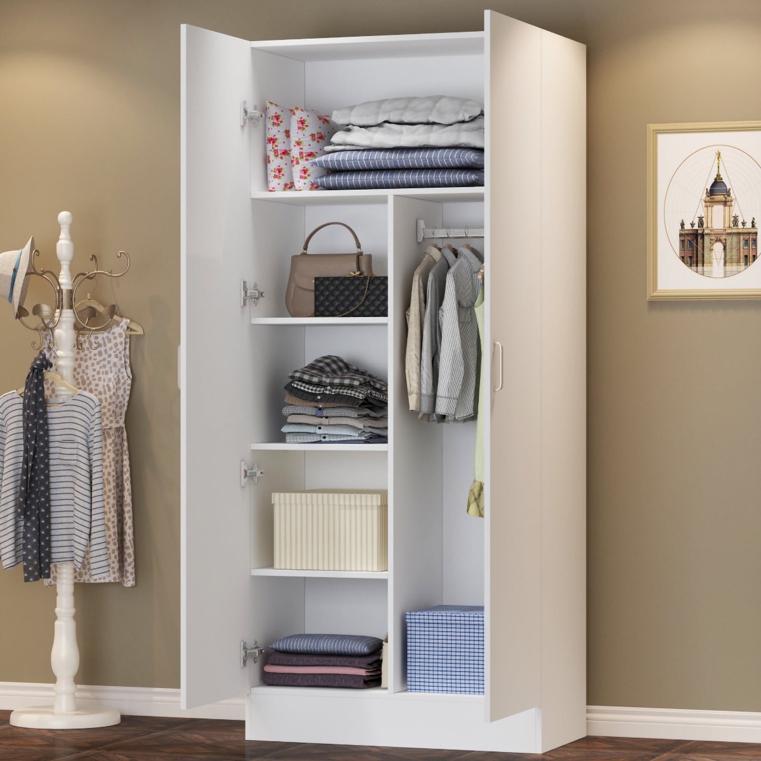 FUFU&GAGA Contemporary 2-Door White Wardrobe with Adjustable Shelves ...