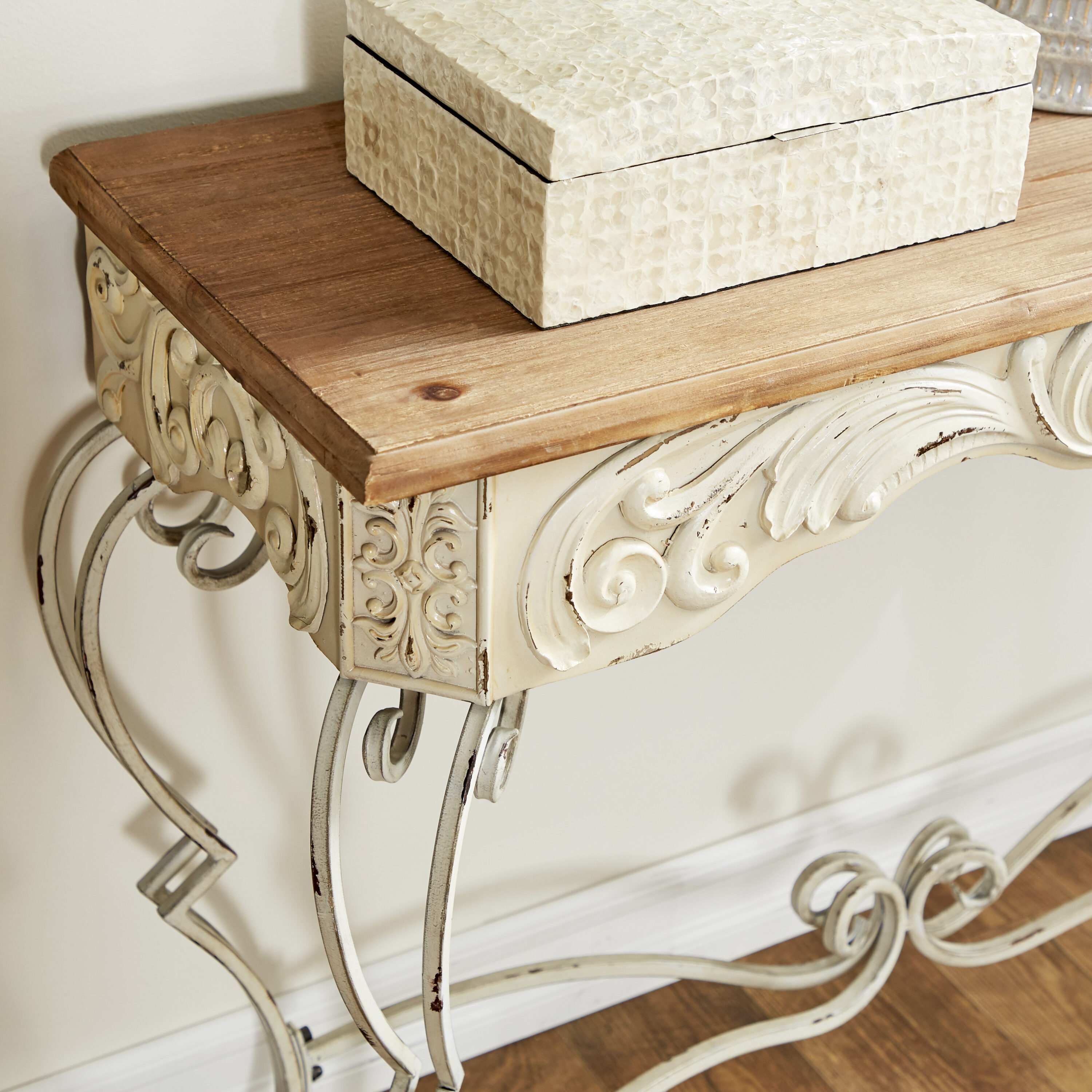 French Provincial White Metal Scroll Console Table with Fir Wood Top