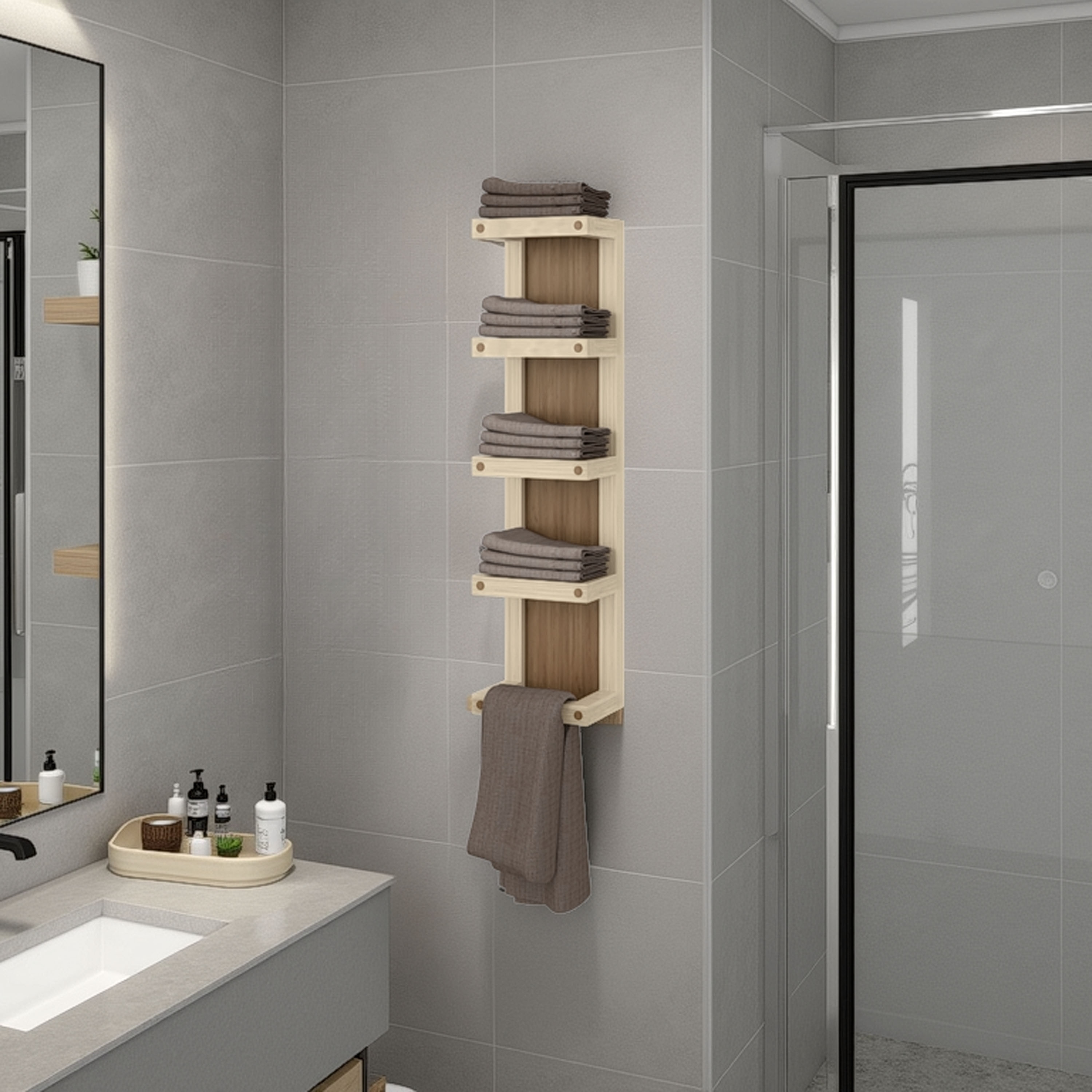 LUXEYARD FM Furniture Chandler 5 Tier Wall Towel Rack Slim Vertical Organizer with Shelves for Bathroom Space Saving Natural Oak