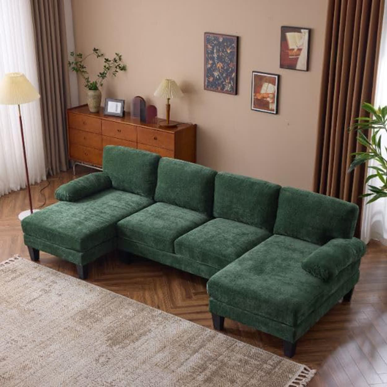 Outopee LO1G98000449+50 111.4-in Modern Green Chenille Sectional
