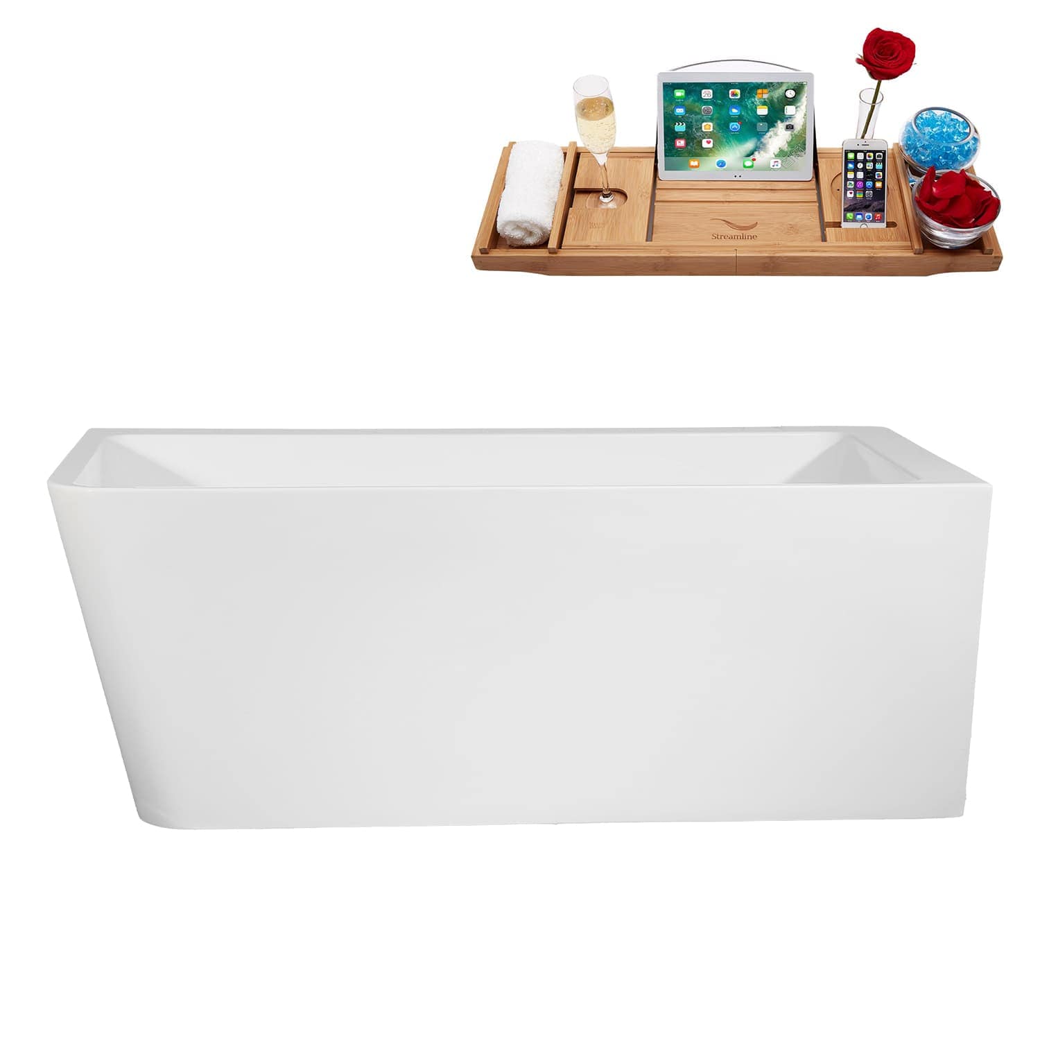 Streamline 59 inch  Soaking Freestanding Tub and Tray With Internal Drain in Brushed Gold