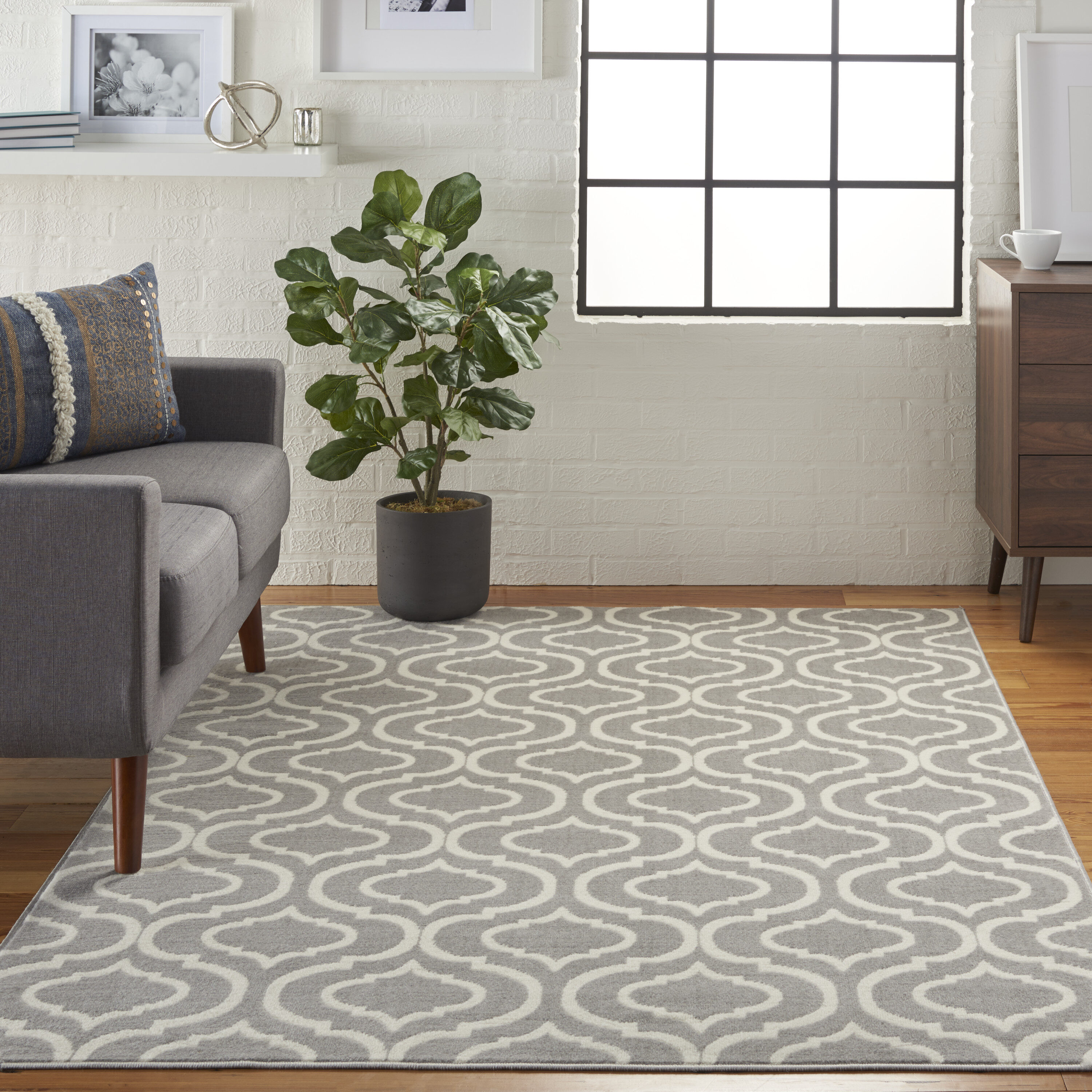 Nourison 99446479778 Jubilant 6 x 9 (ft) Loomed Polypropylene Grey Rectangular Indoor Abstract Farmhouse/Cottage Area rug
