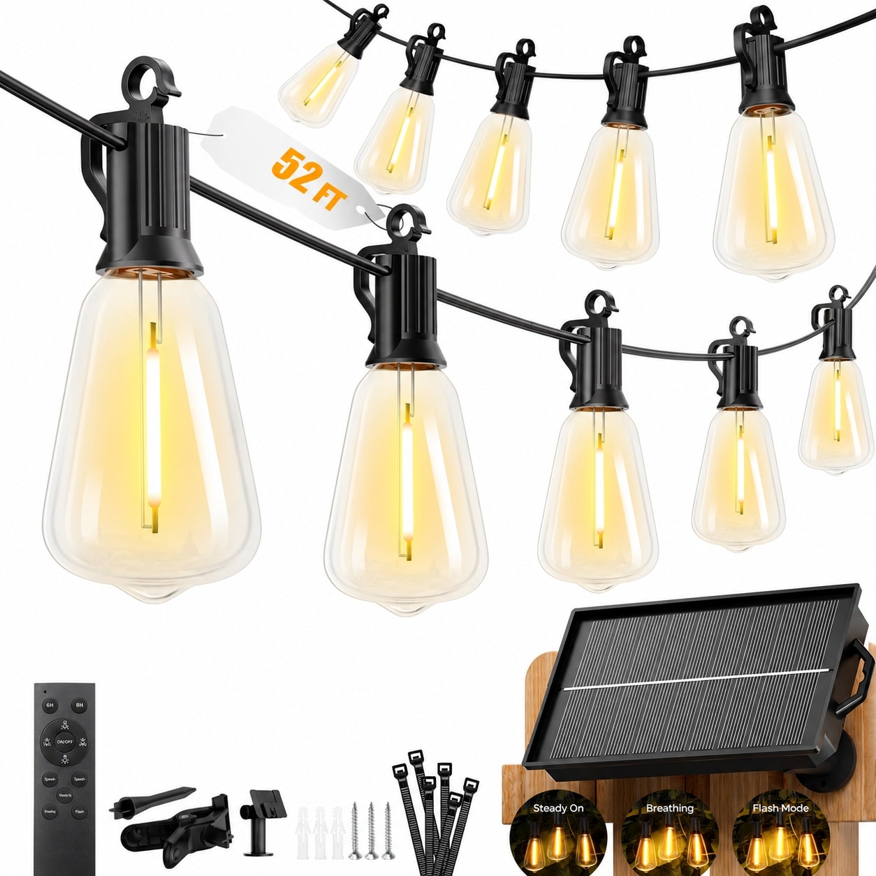 Oyezvary 52FT Solar String Lights Outdoor Waterproof with Remote 15 ...