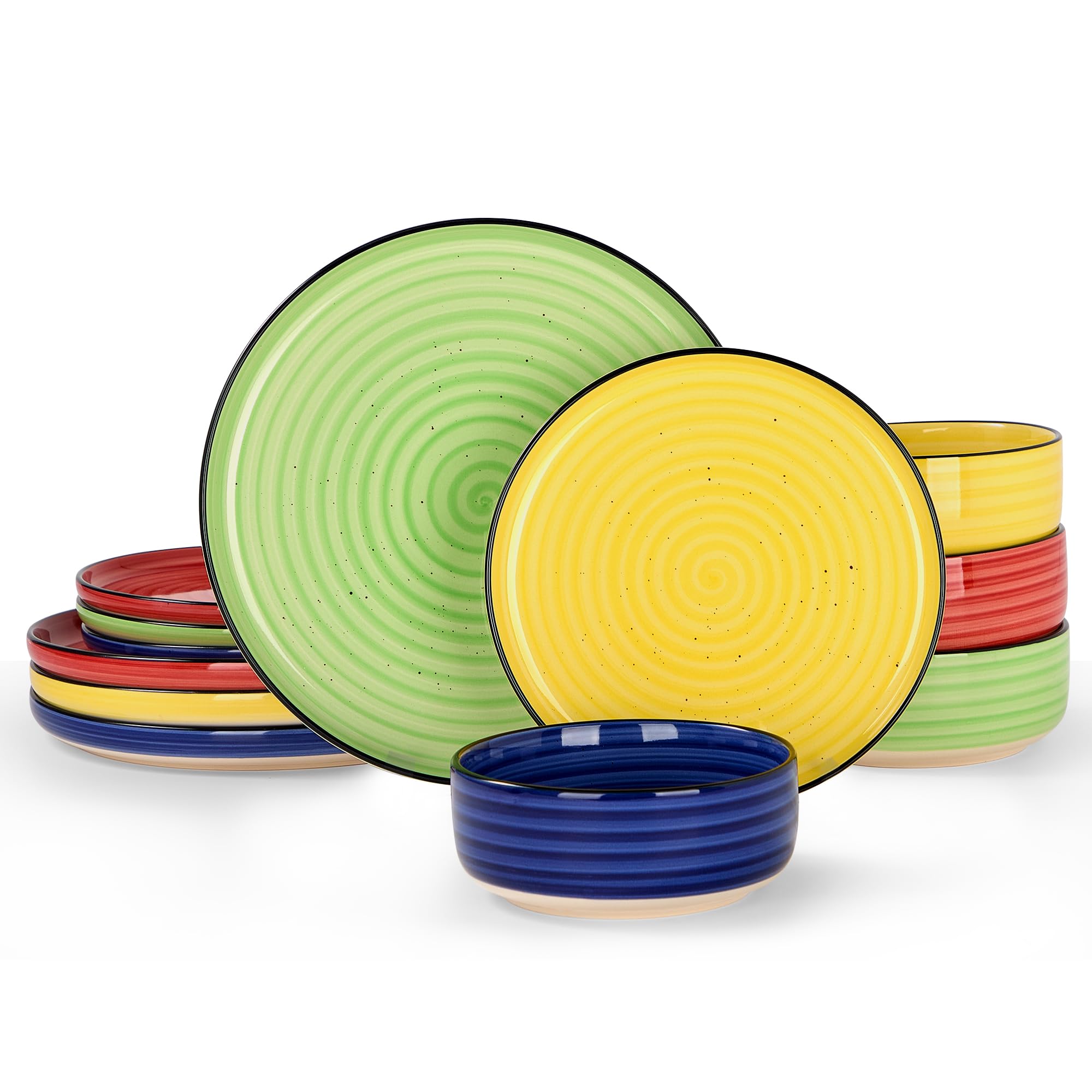 Wudkey 12-Piece Multicolor Stoneware Dinnerware Set Ceramic Plates and Bowls Collection in Hand-Painted Design Service for 6