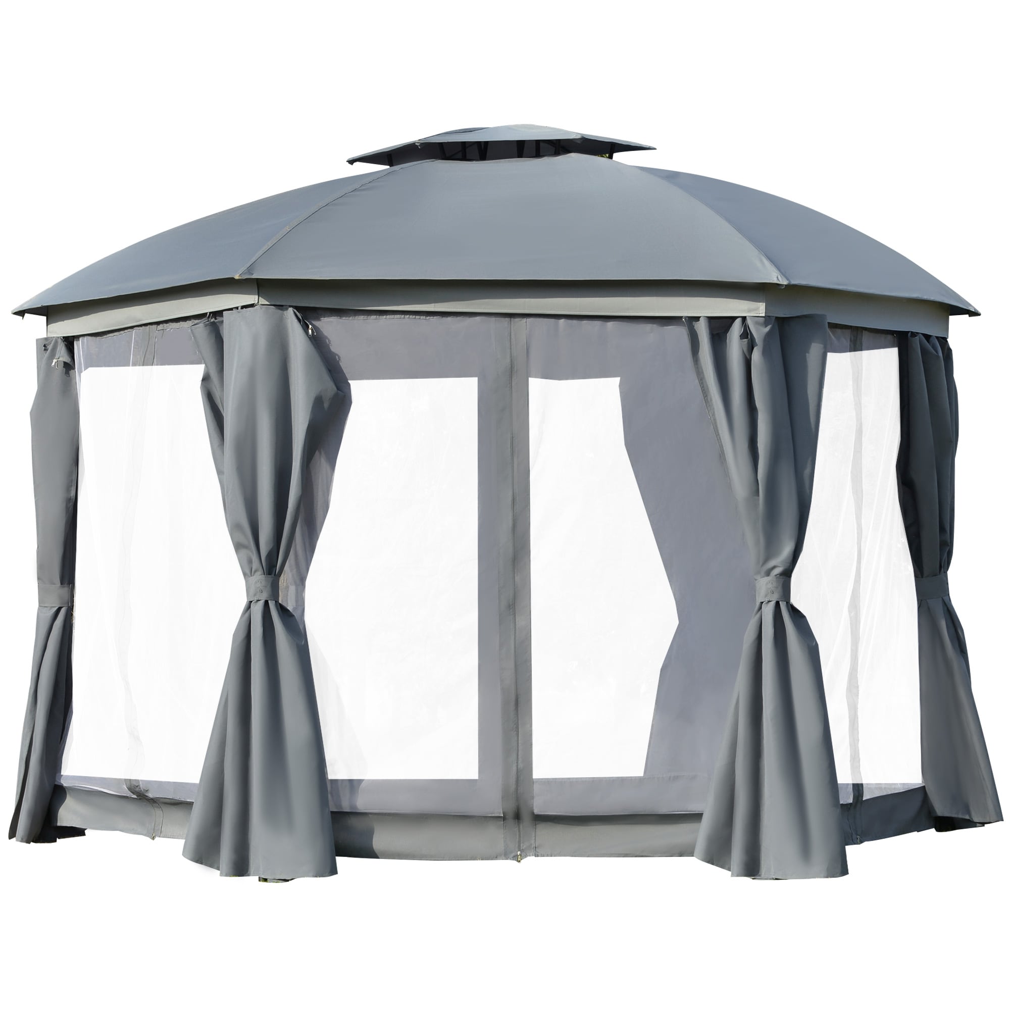 Outsunny 84C-214CG 12' x 12' Round Outdoor Gazebo Patio Dome Gazebo Canopy Shelter with Double Roof Netting Sidewalls and Curtains Zippered Doors Gray