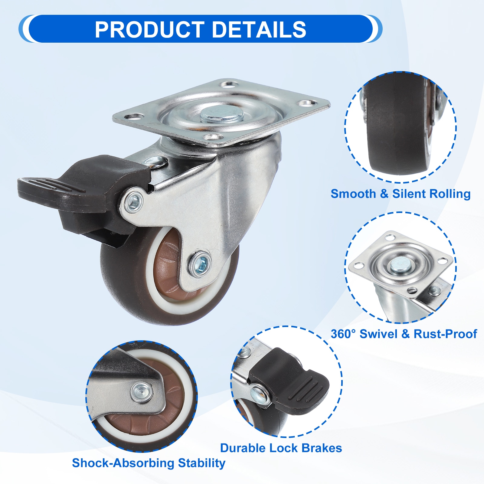 Polyurethane Swivel Top Plate Casters Set Of 4 Heavy Duty With 5 Inch Wheels - Includes 2 Swivel With Brakes And 2 Rigid – 3,000 Lbs. Total Capacity - Service Caster Brand - View #11