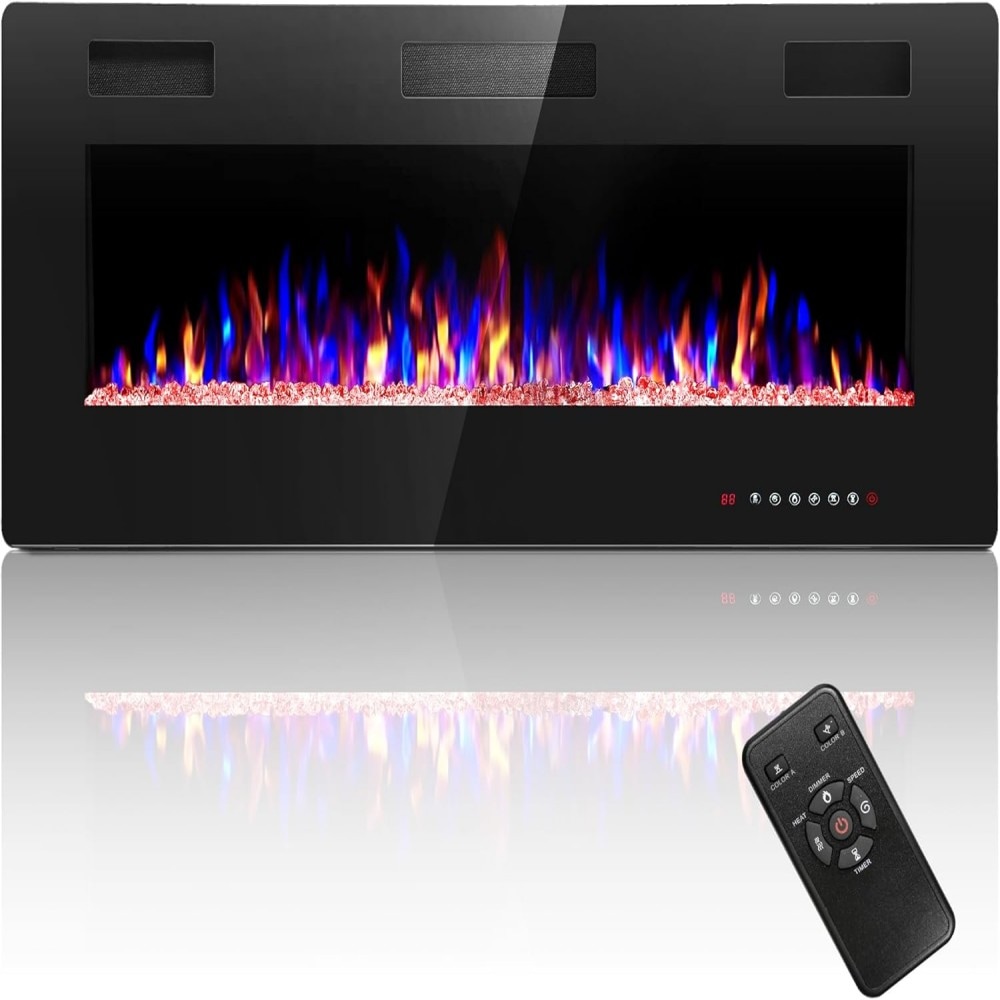 R.W.FLAME 842C3U RWFLAME 42 Recessed and Wall Mounted Electric Fireplace Ultra-Thin 3.86 Depth 12 Flame  Ember Bed Color Options Remote Touch Control Overheat Protection Low Noise 750W 1500W
