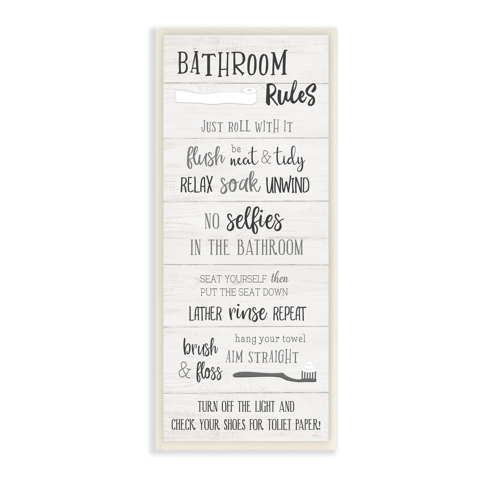 Bathroom Rules Sign Toilet Paper Fun Phrases Natalie Carpentieri 17-in H x 7-in W Bath Print on Canvas in Gray | - Stupell Industries AF-567-WD-7X17