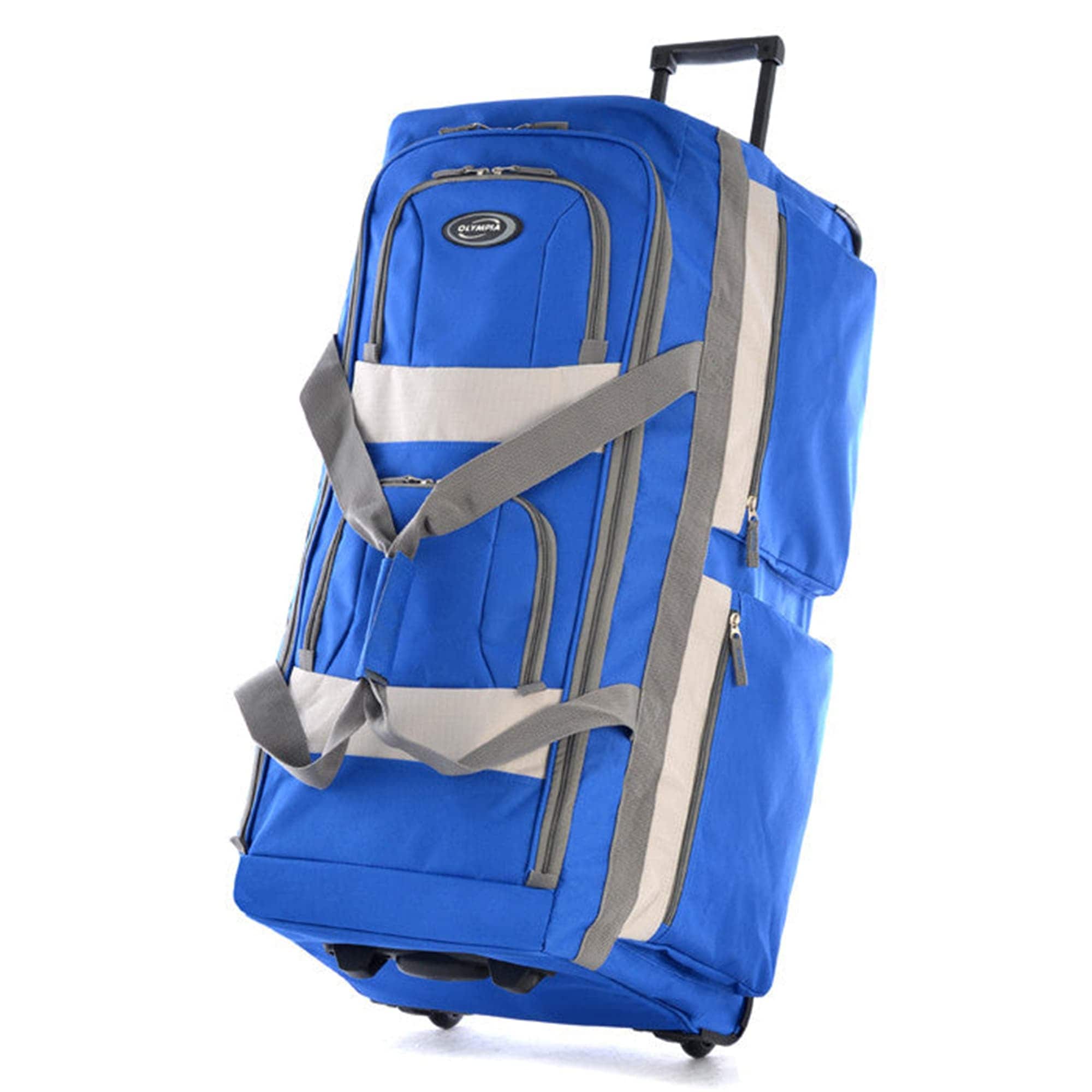 OLYMPIA 283537 29 Inch 8 Pocket U Shaped Rolling Polyester Duffel Luggage Bag Suitcase with Push Button Hide Away Retractable Handle Blue