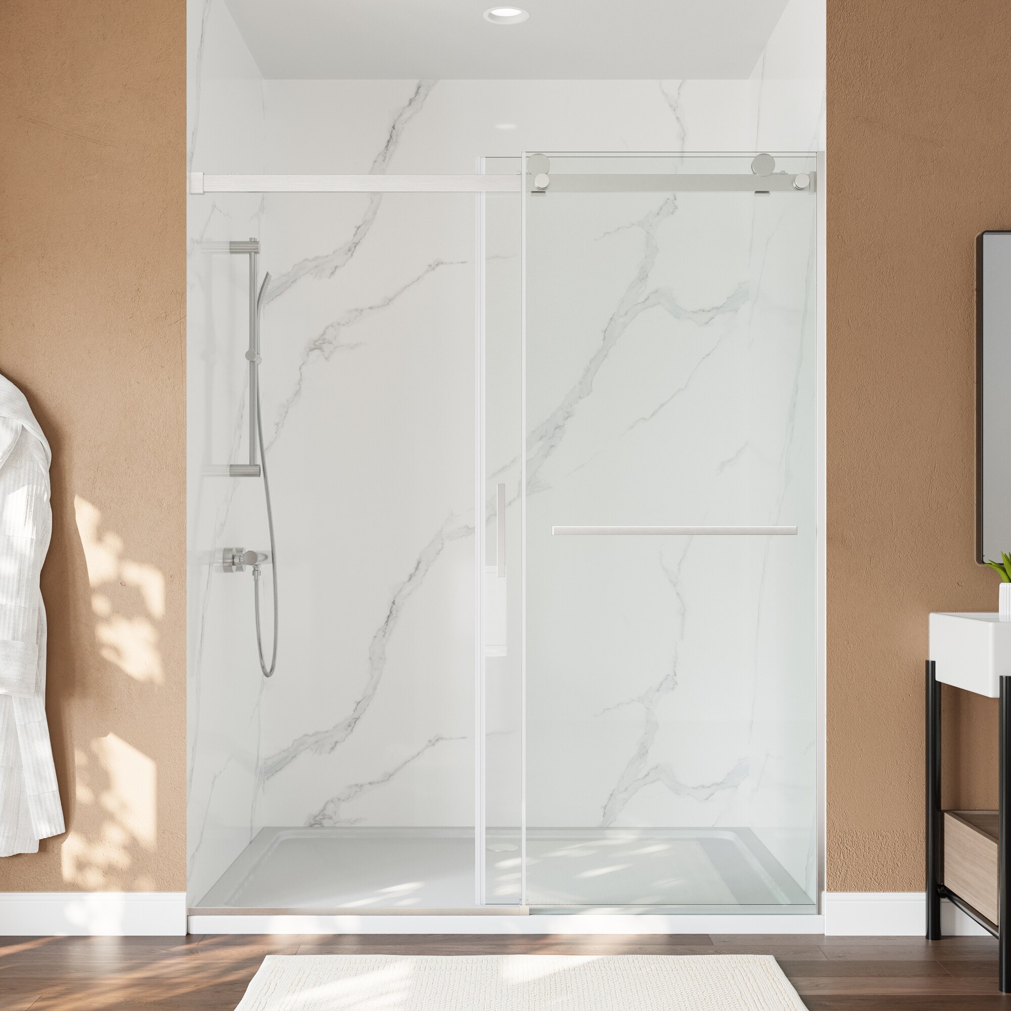 Brushed Nickel Frameless Sliding Shower Door with Clear Tempered Glass