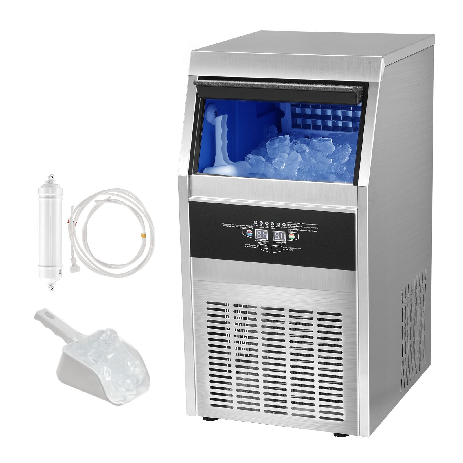 VEVOR SCZBJ60KGSYP07308V1 Commercial Ice Maker Machine 90LBS/24H with 24LBS Bin Stainless Steel Automatic Operation Commercial Ice Maker for Home Bar Restaurant Include Water Filter Scoop Connection Hose