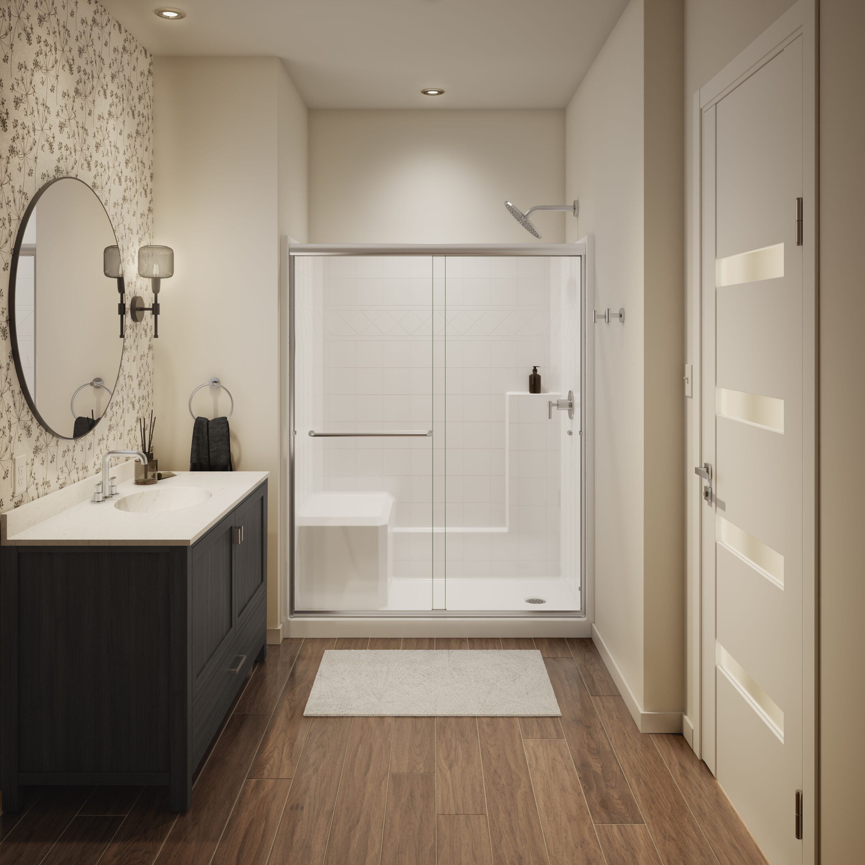 Laurel Mountain LM6036SH1S1PLWC1 Oakton 36-in W x 60-in L x 77-in H Rectangular One-piece shower kit ( Right Drain) with Integrated Seat Base, Wall, Door and Drain Included Chrome Hardware Included
