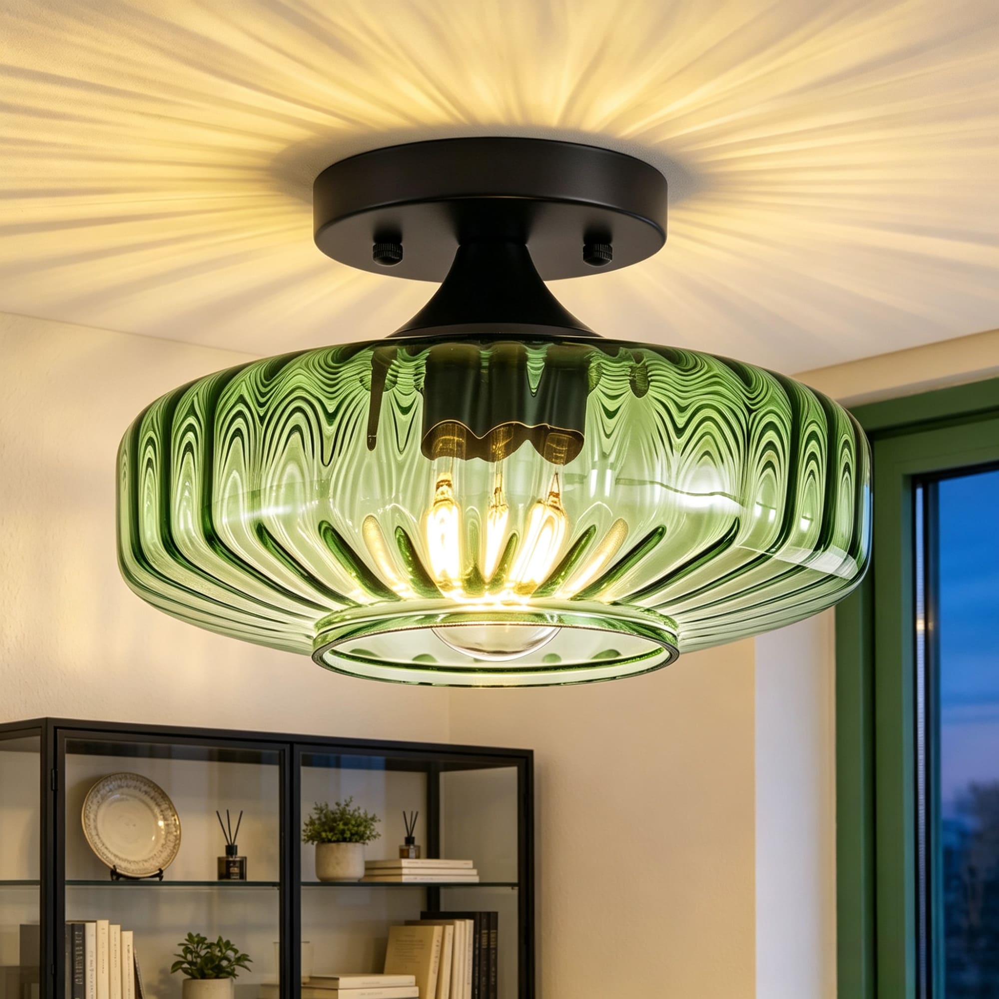 POWLIG Semi-flush Light 1 -Light Black Traditional Tinted glass Lantern Mini Outdoor Hanging Convertible pendant/Semi-flush Light