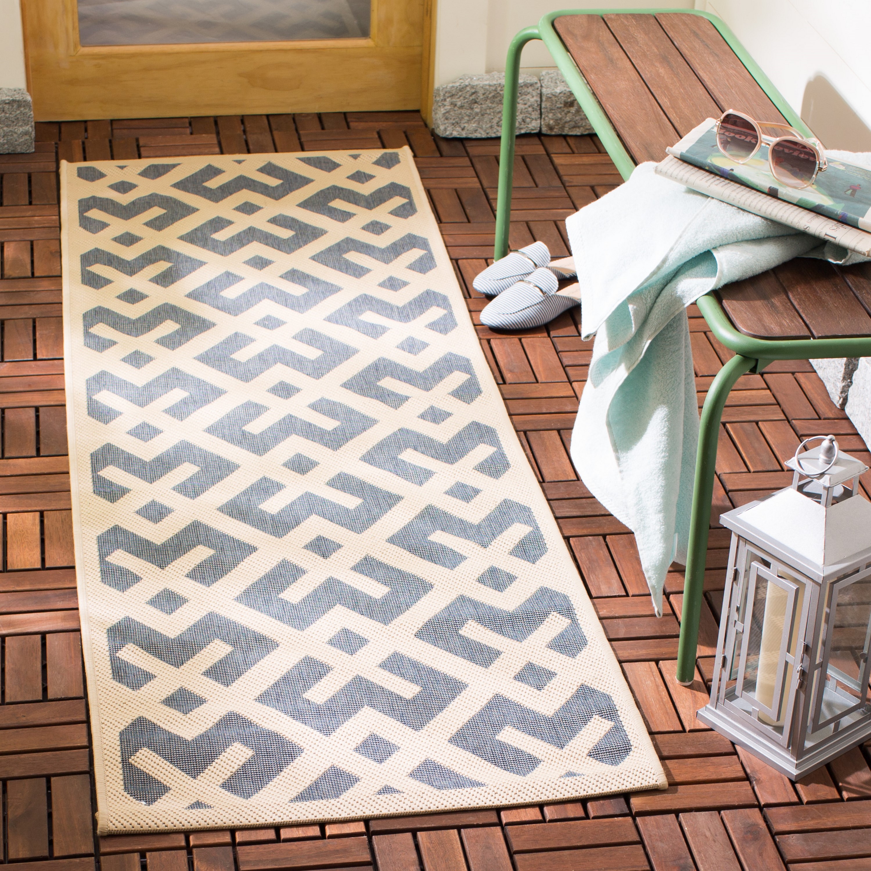 Safavieh CY6915-233-212 Courtyard Chateau 2 x 12 (ft) Loomed Polypropylene Blue/Bone Rectangular Indoor/Outdoor Geometric Runner rug