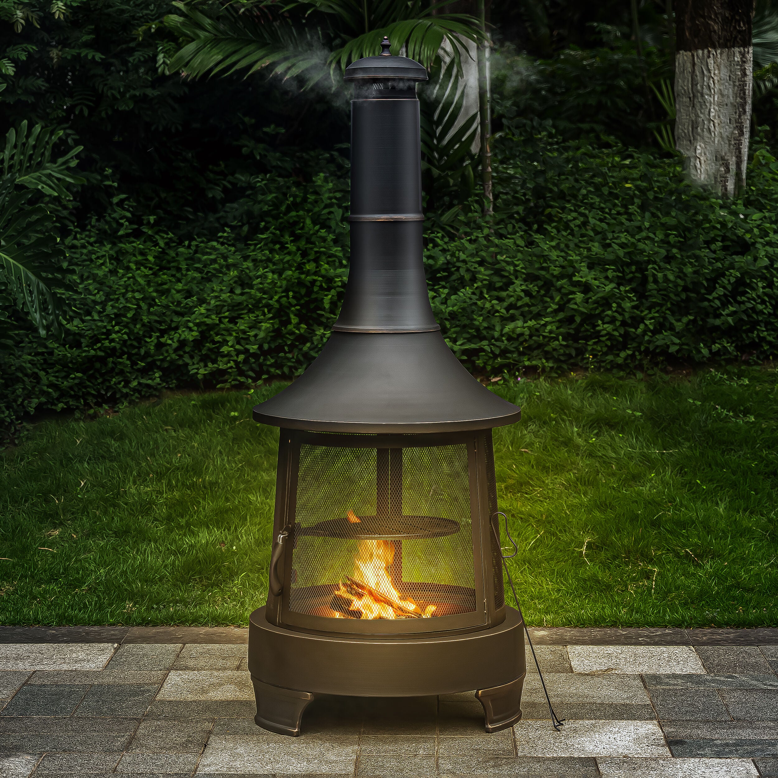 Black Steel Chimney Fire Pit with Cast Iron Grill