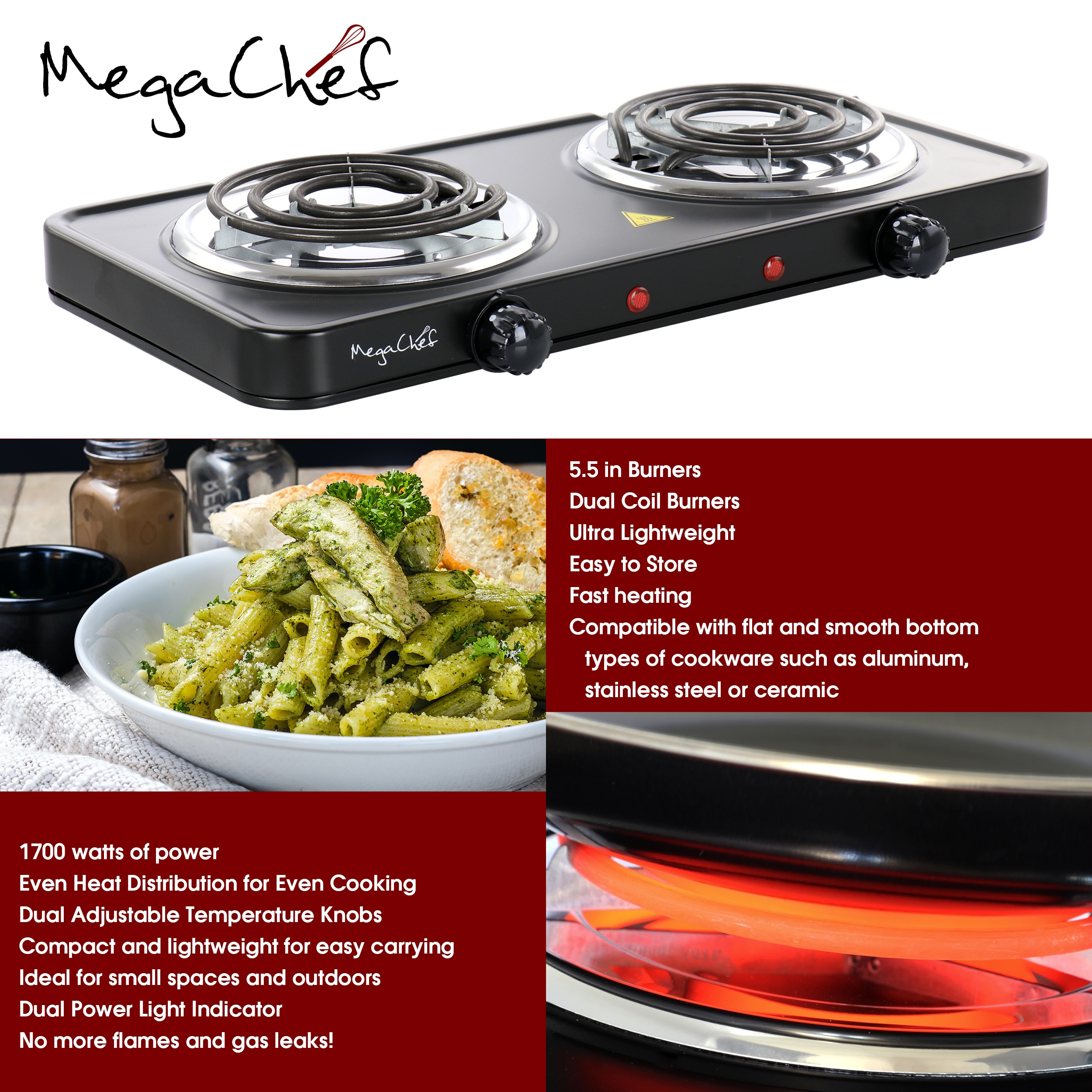 1000W Countertop Coil Burner, Adjustable Temperature Single Burner Cooktop,  Electric Hot Plate with Indicator Light, Portable Stainless Steel Electric