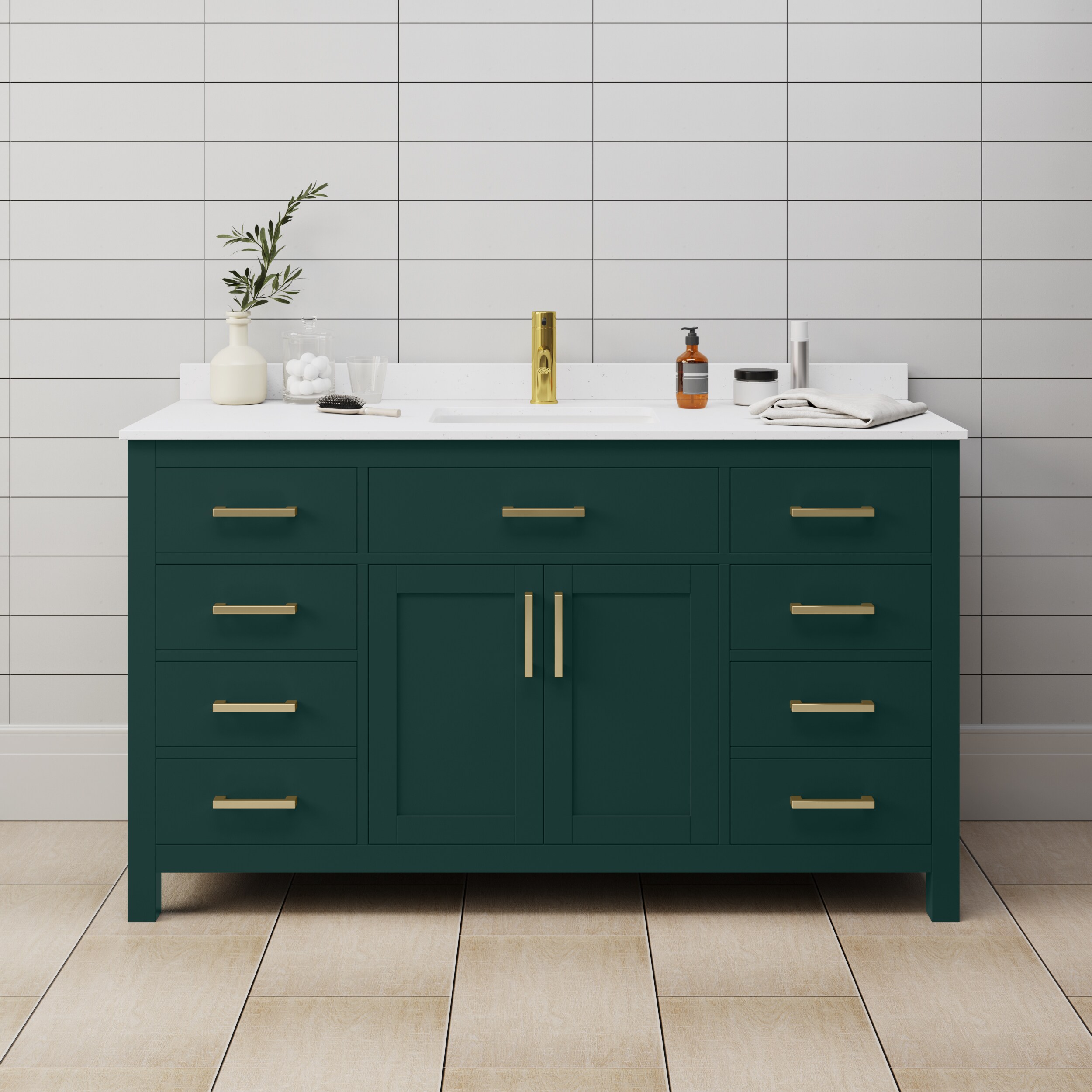 Wyndham Collection WCG242460SGDWCUNSMXX Beckett 60-in Green with Brushed Gold Trim Undermount Single sink Bathroom Vanity with White Cultured Marble Cultured marble Top