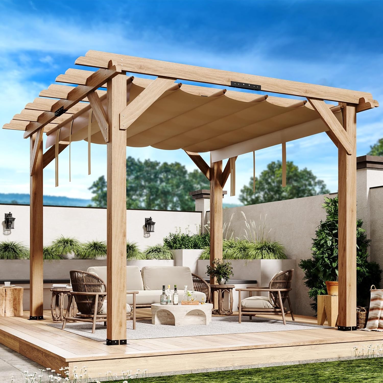 IdealHouse Wood Pergola 10x10 FT - Retractable Oxford Fabric Canopy ...