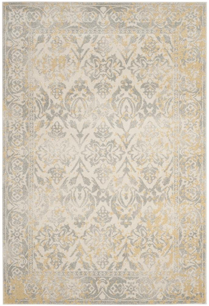 Ivory and Gray Synthetic Damask Area Rug with Border Embellishment
