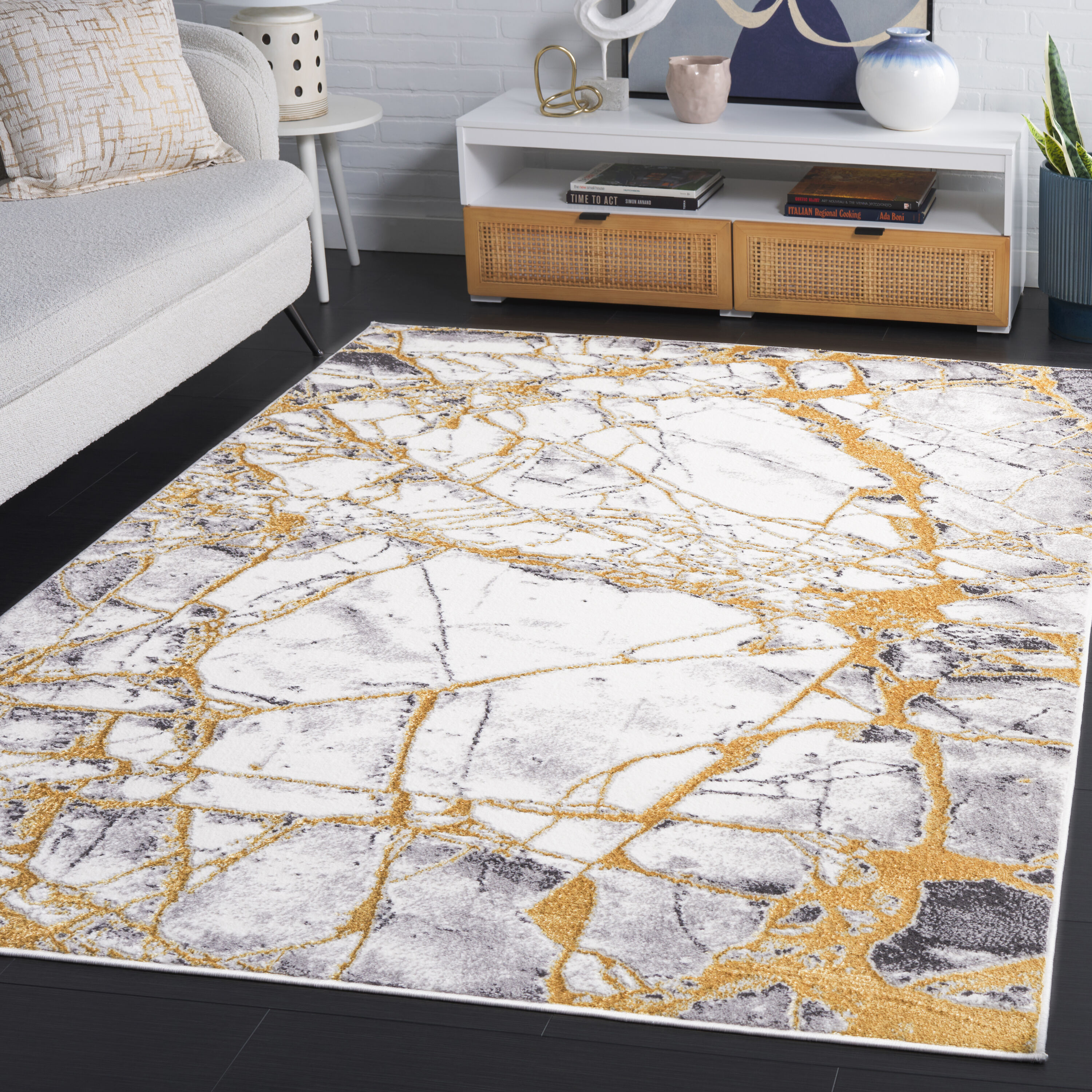 Amelia 700 5 x 8 (ft) Loomed Polypropylene Ivory/Gold Rectangular Indoor Abstract Mid-Century Modern Professionally Clean Only Area rug