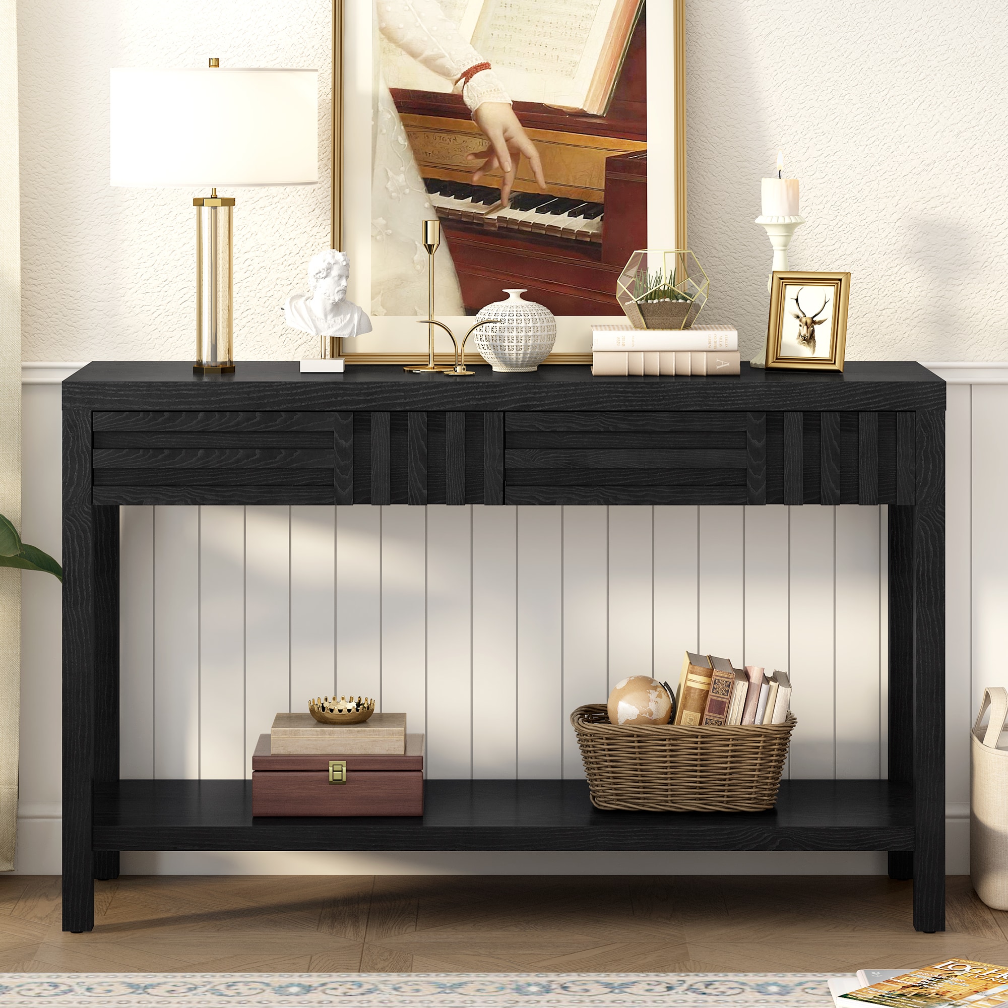 ModernLuxe N711P230810B Modern Ash Veneer Console Table Classic Striped Design with 2 Drawers  Open Shelf Perfect for Living Room Hallway Entryway Study Room