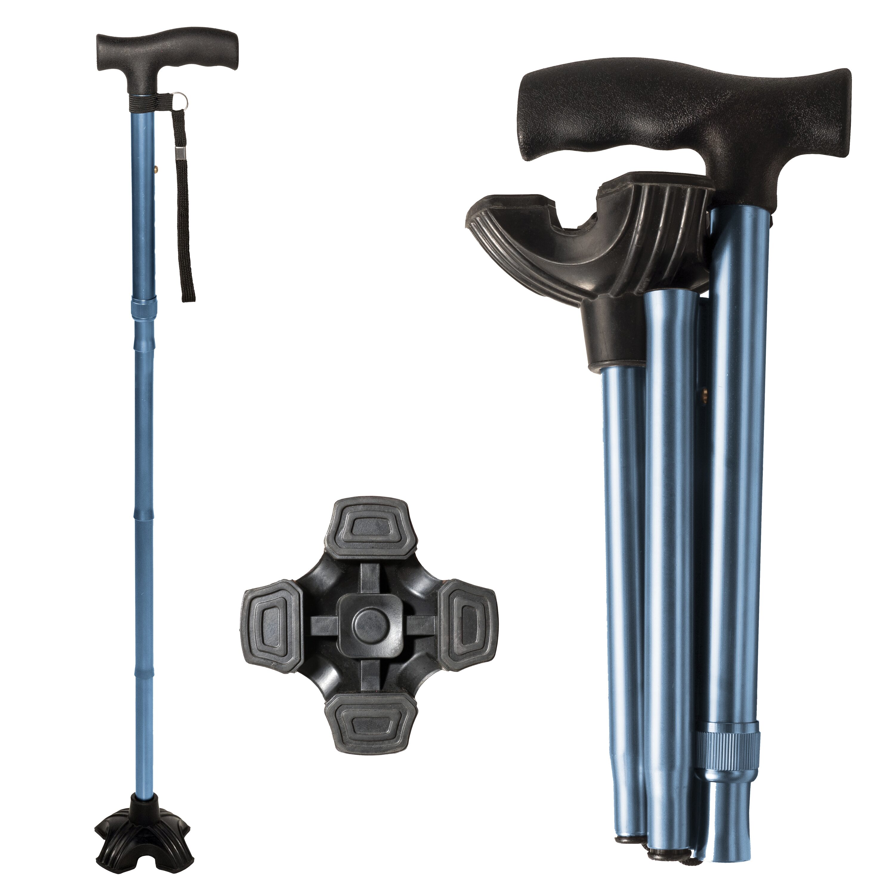 Stander Wonder Cane Blue 37 in Adjustable Folding Self-Standing Quad Tip Medical Walking Cane