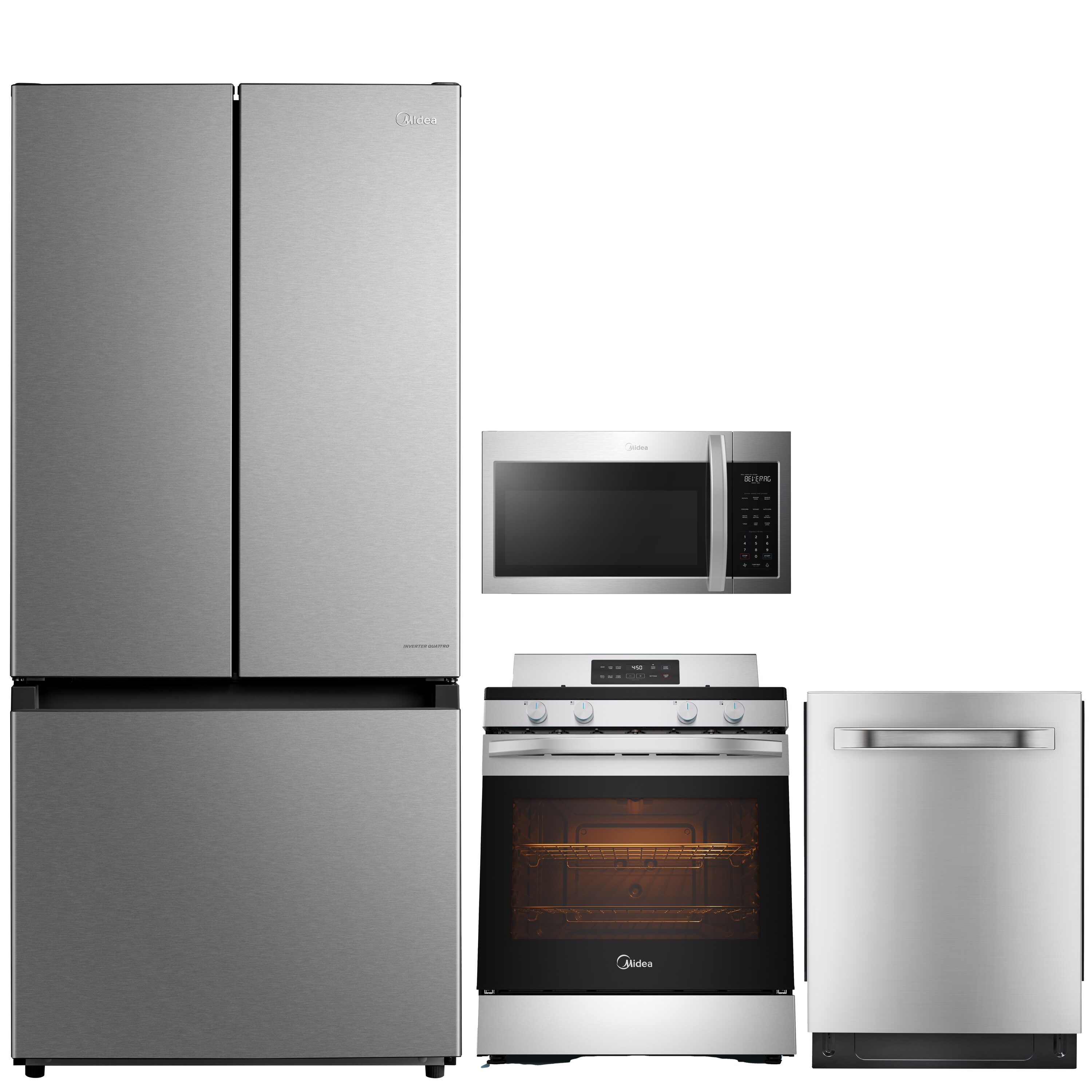 Midea  18.4-cu ft French Door Refrigerator with 30-in Gas Range and 24-in Built-in Dishwasher Kitchen Appliance Package in Stainless Steel
