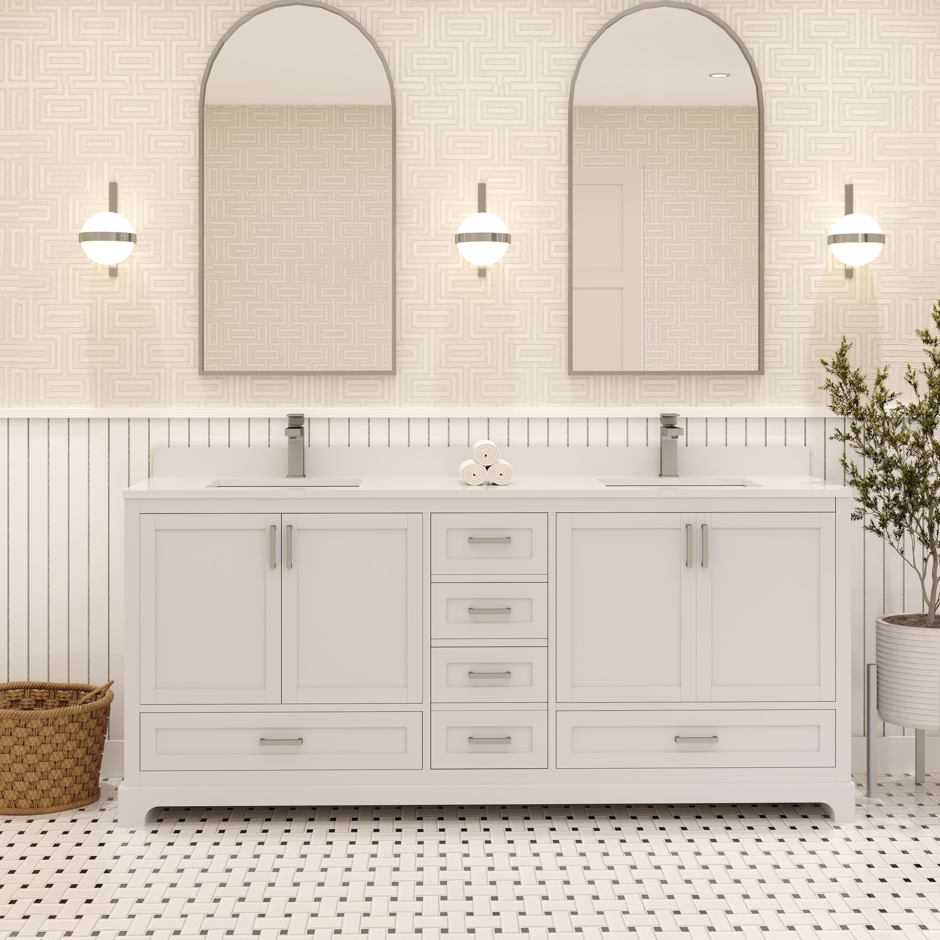 Ayna Decors AVM72WH3002 72-in White Undermount Double Sink Bathroom Vanity with White Quartz Top