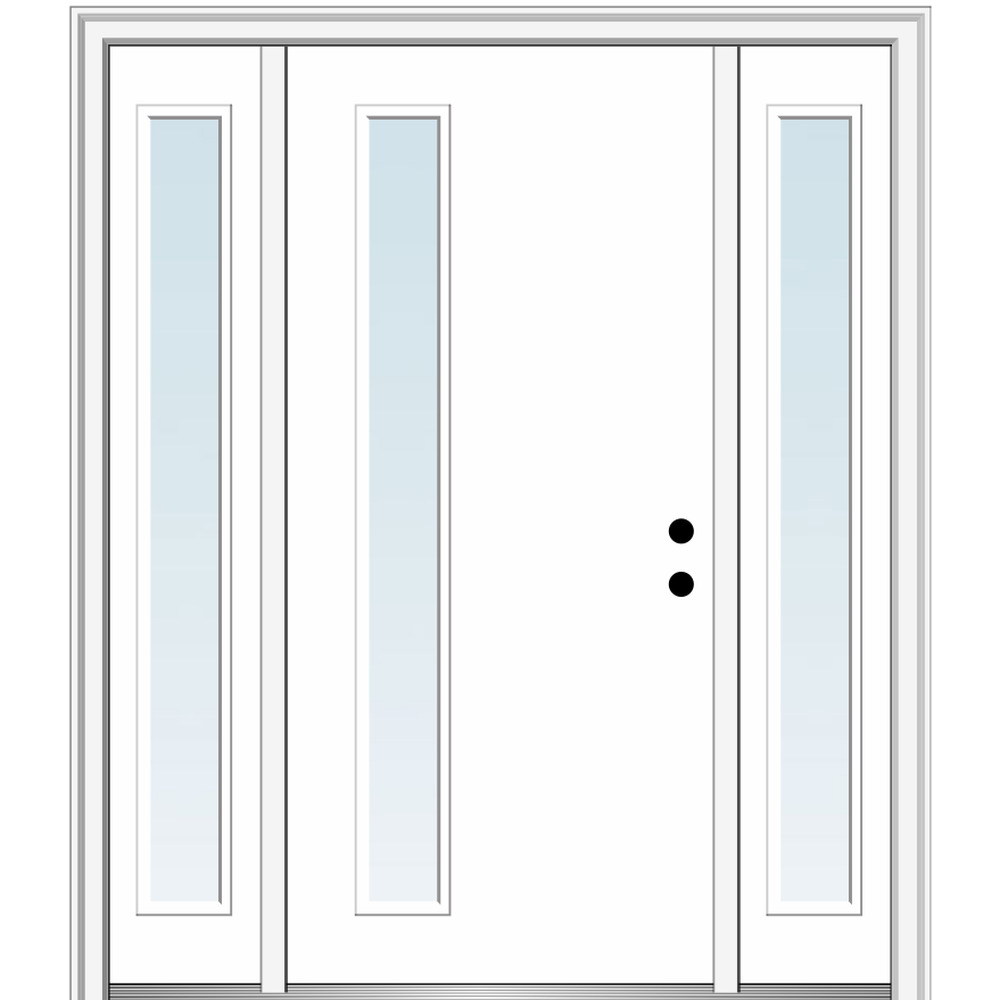 MMI DOOR ZZ348654L 60-in x 80-in x 6-9/16-in Fiberglass Pulse lite Left-hand inswing Brilliant White Painted Prehung Front Door with Sidelights with Brickmould Insulating core
