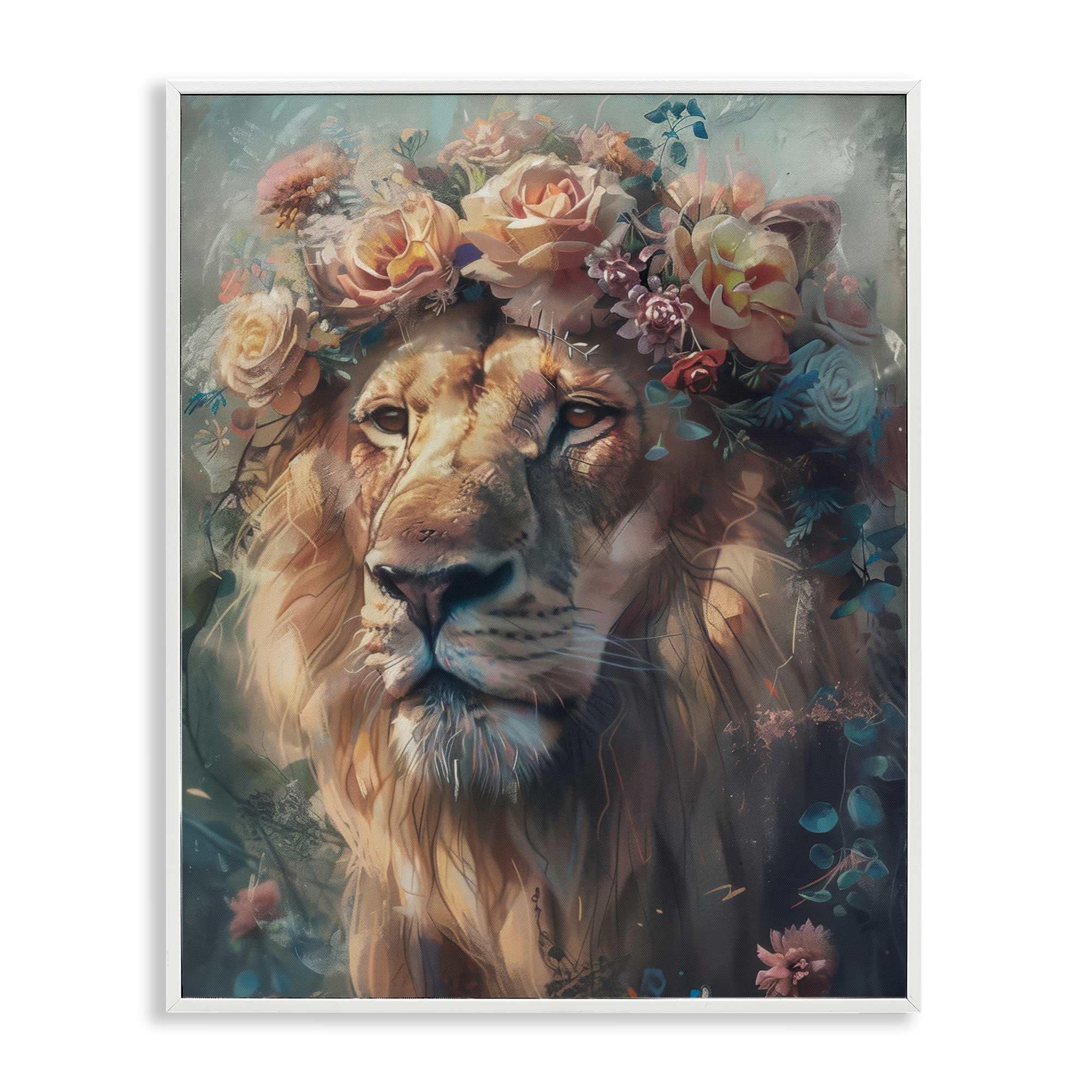 Stupell Industries BT-633-WFR-16X20 Lion with Rose Garland White Framed Giclee Art By Arlington Prints 16 x 20