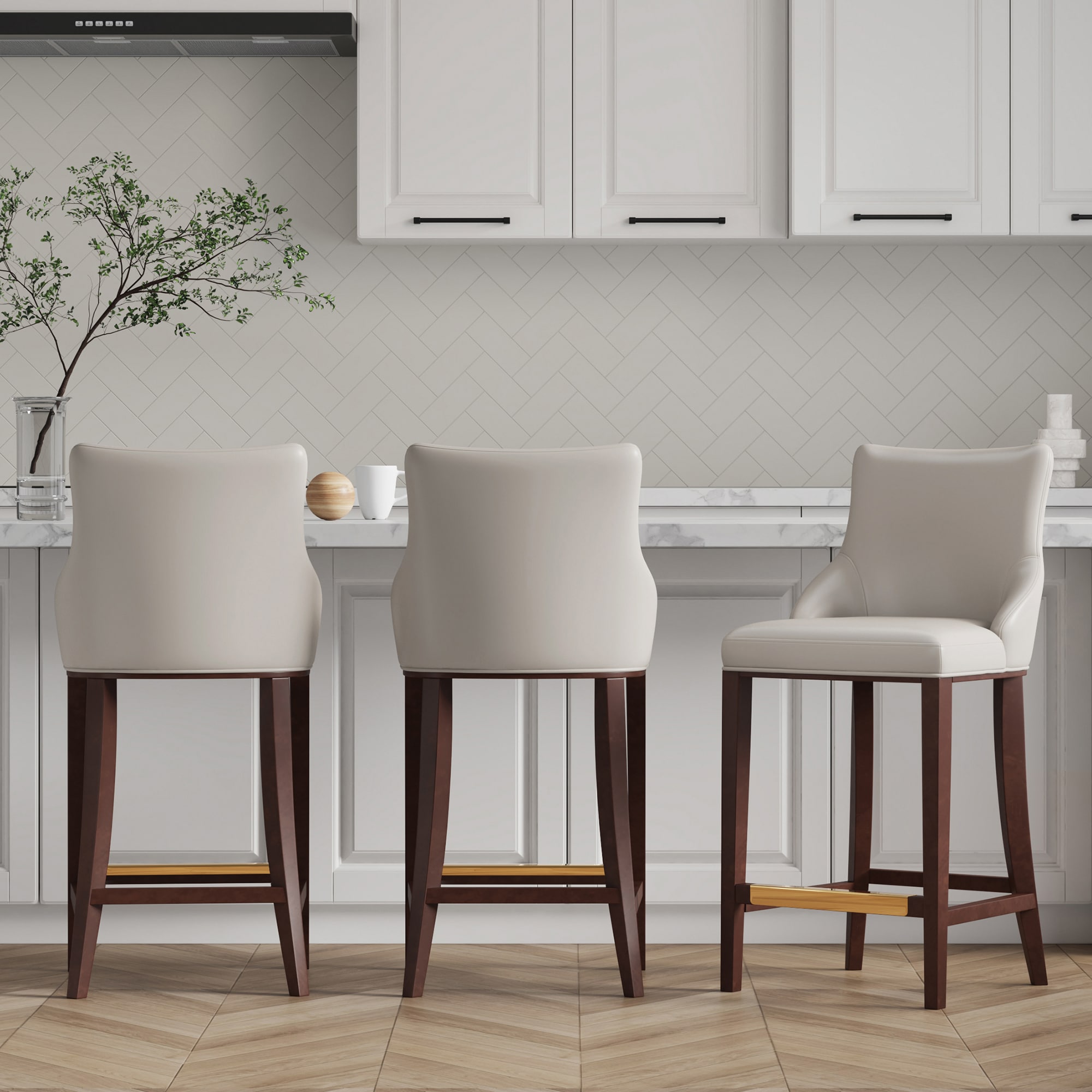 Manhattan Comfort 3-BS019-LG Set of 3 Light Grey 29.13-in H Bar height (28-in to 33-in) Square Seat Upholstered Wood Back Bar Stool Back