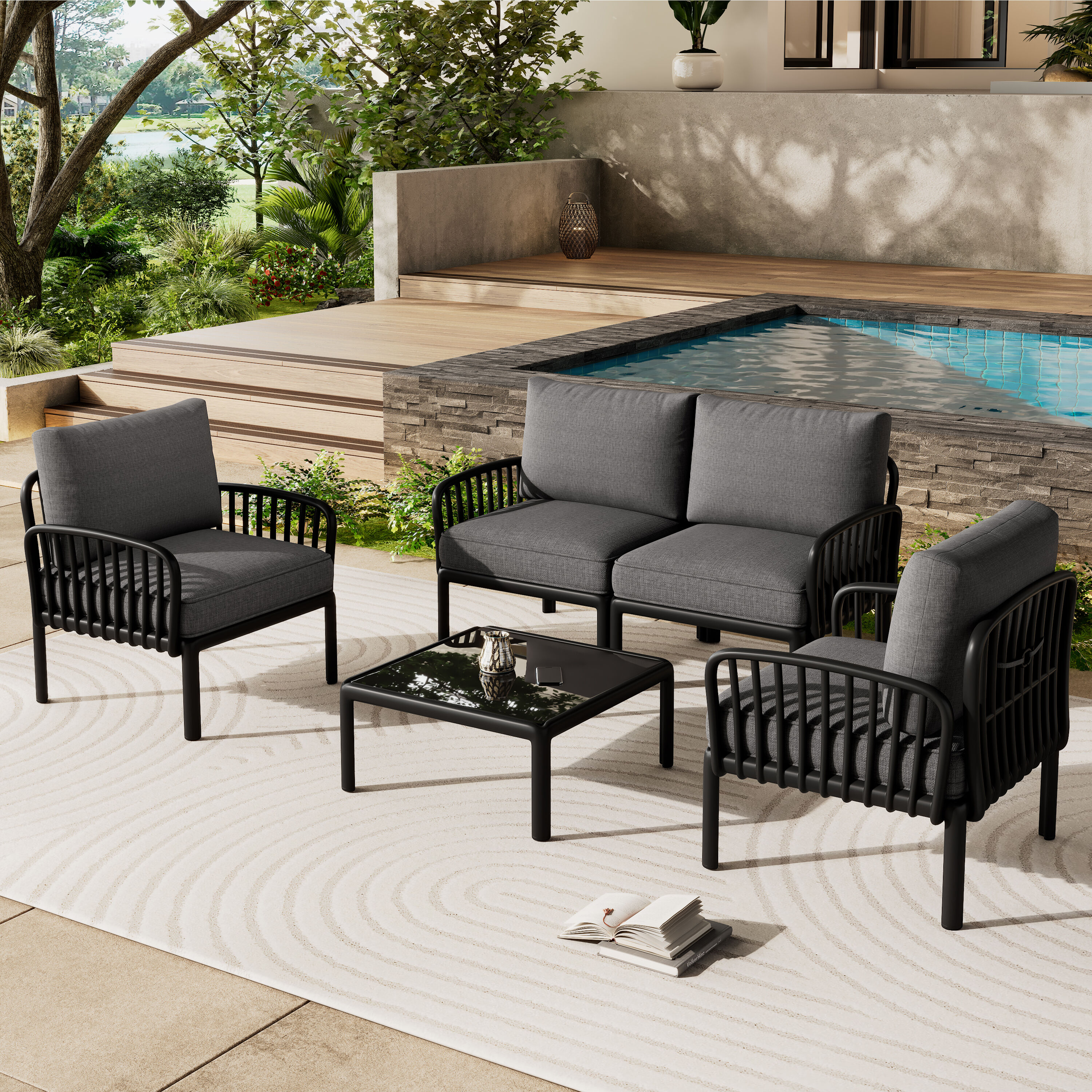 Christopher Knight Home 324566 Ashton 4 Piece Outdoor Patio Set with Modular Deep Seating and Coffee Table  Weather Resistant Design