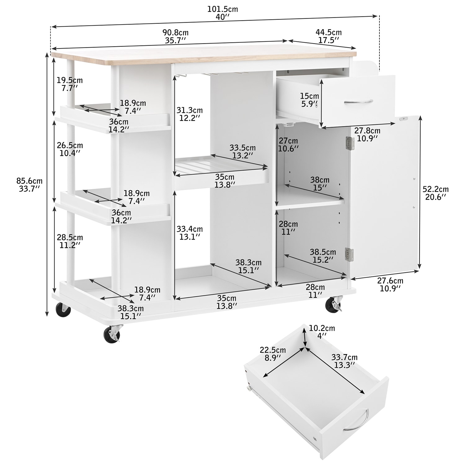 SINOFURN White Mdf Base with Wood Top Rolling Kitchen Cart (17.5-in x ...