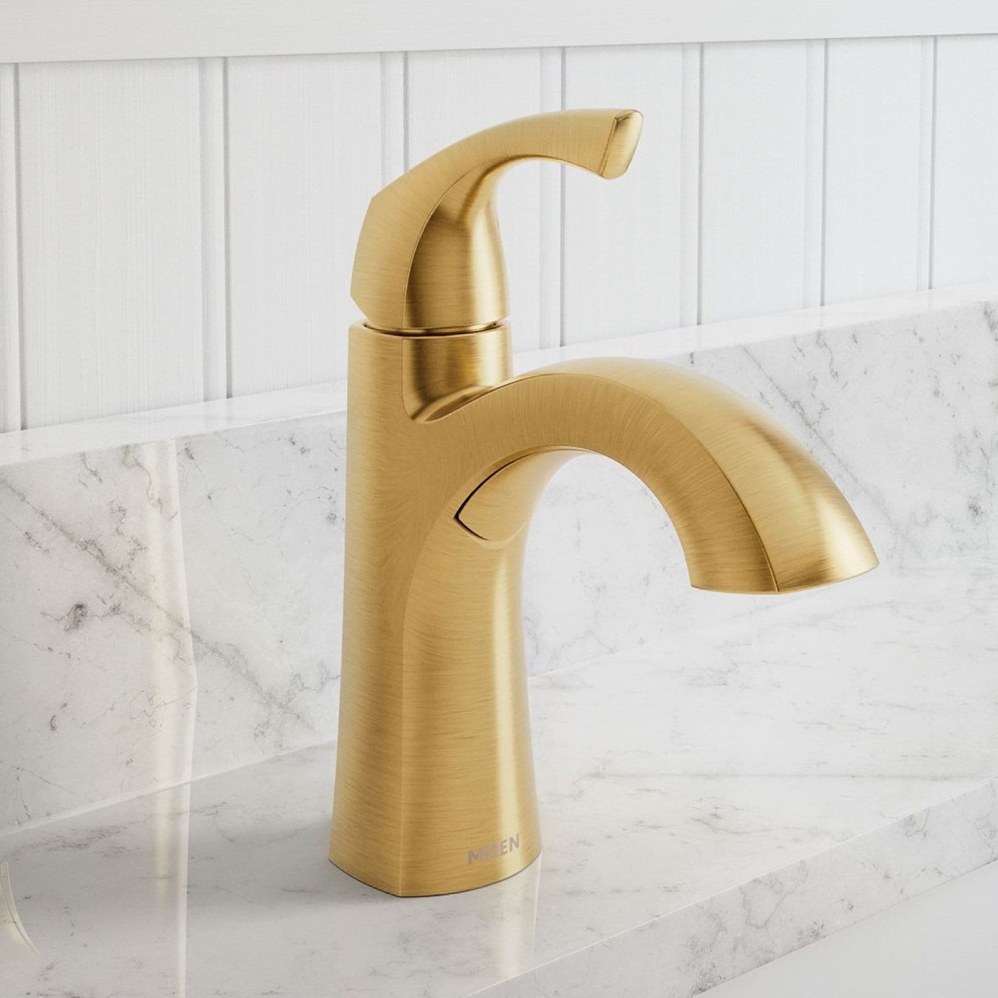 Moen 84505BG Lindor Brushed Gold Single hole 1-handle WaterSense High-arc Residential Handle Bathroom Sink Faucet with Drain with Deck Plate
