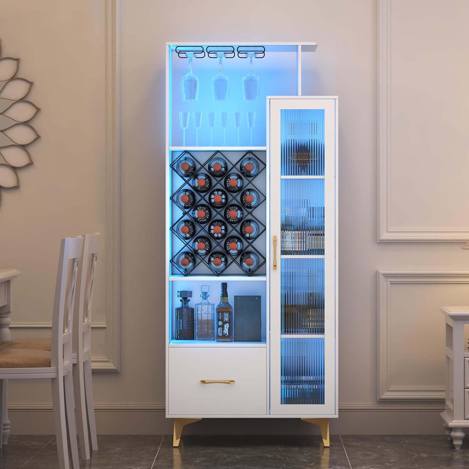 Vlsrka B0CHJ5YM2X LED Wine Cabinet with USB Port 18 Bottle Storage Bar Cabinet with 3 Glass Holders Tall Sideboard Buffet for Dining Room Living Room White