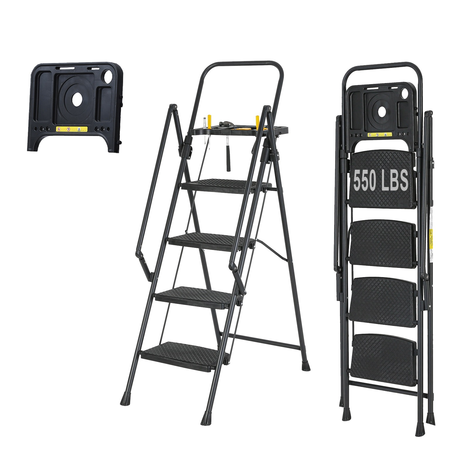 Siavonce 4 Step Ladder 4 -Step 550-lb Capacity Black Steel Foldable Step Stool #XH54808