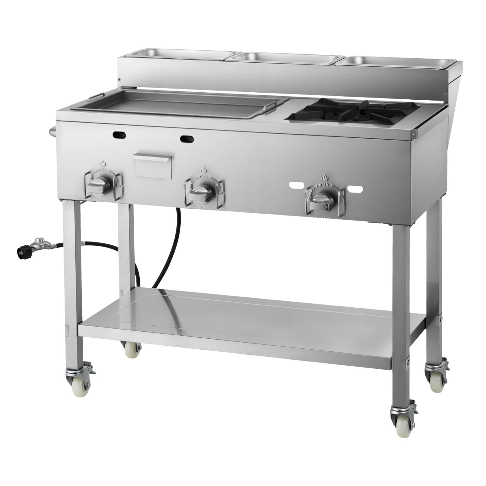 VEVOR Outdoor Propane Griddle 3 Burners (11600 BTU Each) Commercial Stainless Steel Griddle with Three 1/3 Size Food Pans Portable Cart with Wheels and Gas Stove for Hot Dogs Burgers and Meats