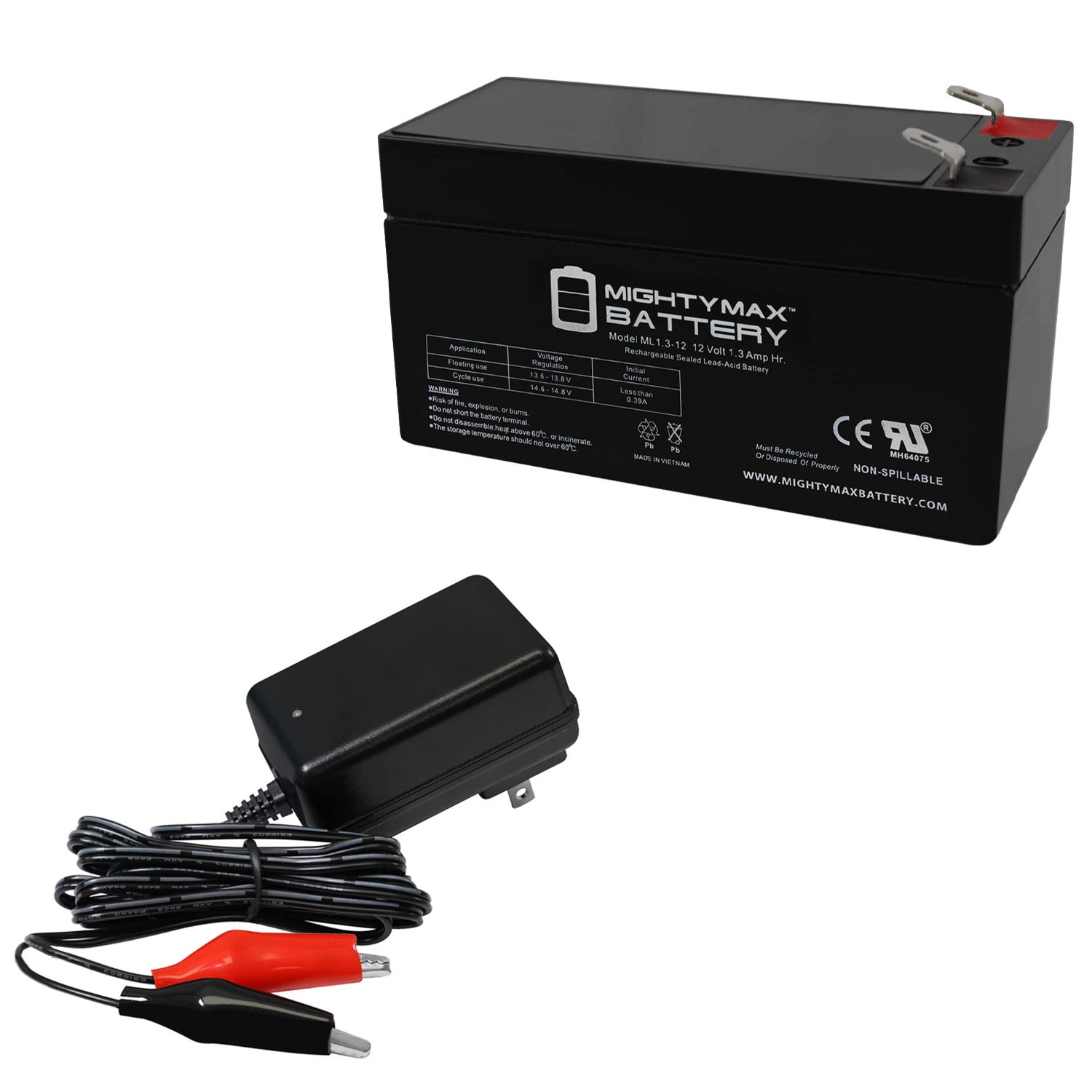 Mighty Max Battery ML1.3-12CHRGR 12 VOLT 1.3 AH SLA BATTERY INCLUDES 12V CHARGER Rechargeable Sealed lead acid 1213 Backup power Batteries