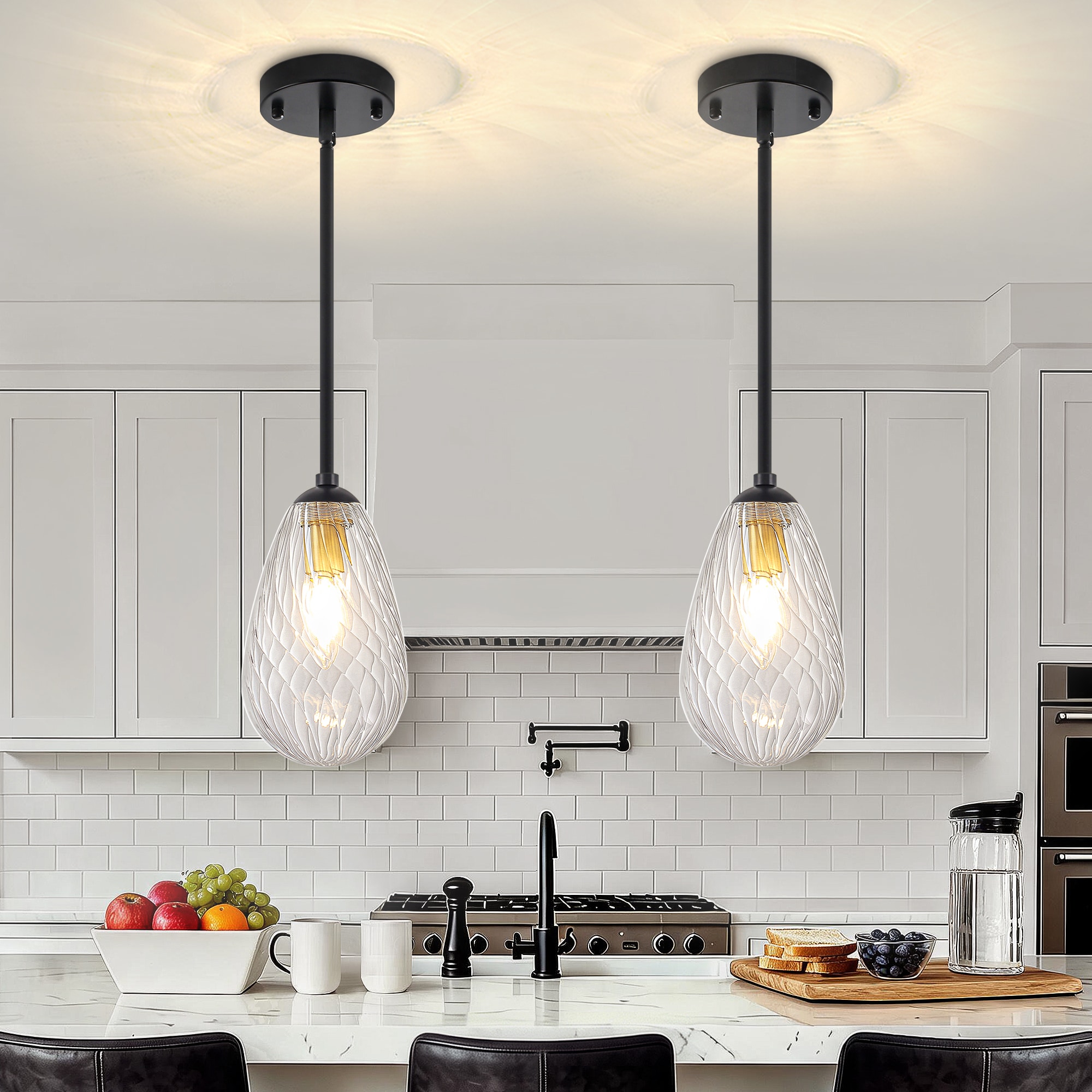 ZSMIHDOH 2 -Light Black and Gold Modern/contemporary Textured glass Teardrop Mini Hanging Pendant Light